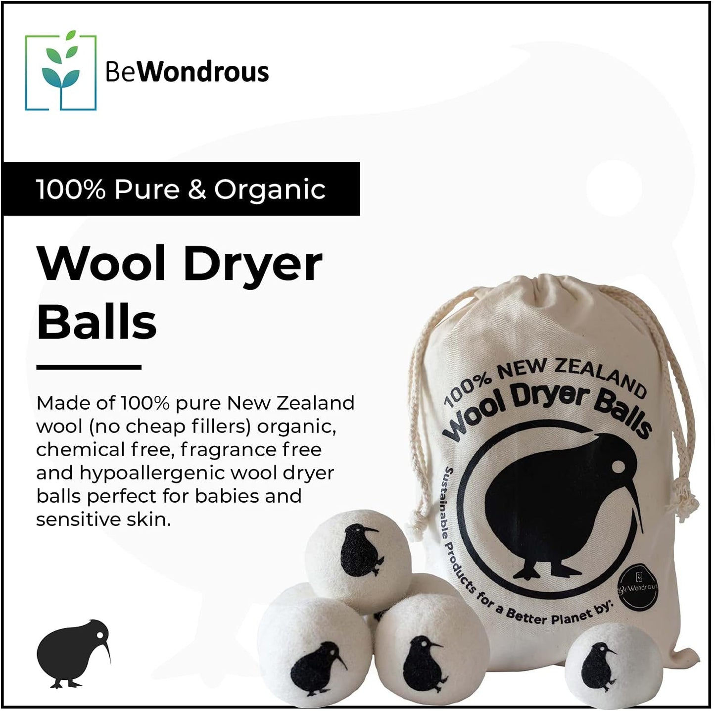Wool Dryer Balls XL, 100% New Zealand Organic Wool - Reusable Natural Fabric Softener for Laundry, Dryer Sheets Alternative - Prevent Wrinkles and Anti Static (Black, 6-Pack)