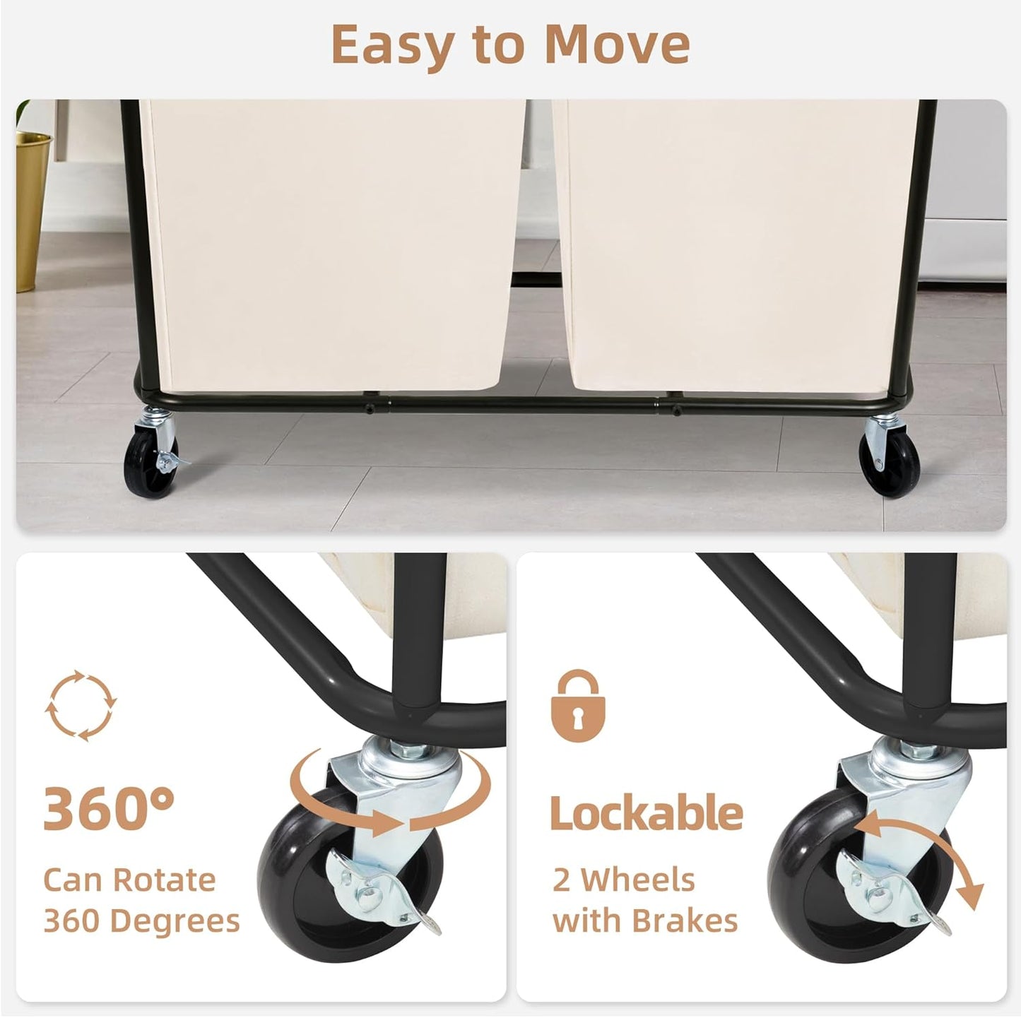 STORAGE MANIAC Commercial Laundry Hamper with Heavy Duty Steel Frame, 74 Gal. Industrial Laundry Basket Cart with Wheels for Hotel, Home, Laundry Room, Big Large Clothes Sorter, 2 Section Beige