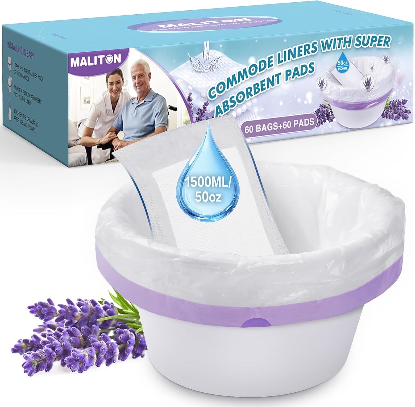 Maliton Bedside Commode Liners with Absorbent Pads, 60 Pack Disposable Bags and 60 Super Absorbent Pads, Vanilla-Scented Portable Sanitary Bag for Adult Toilets and Camping Toilets (60Bags+60Pads)