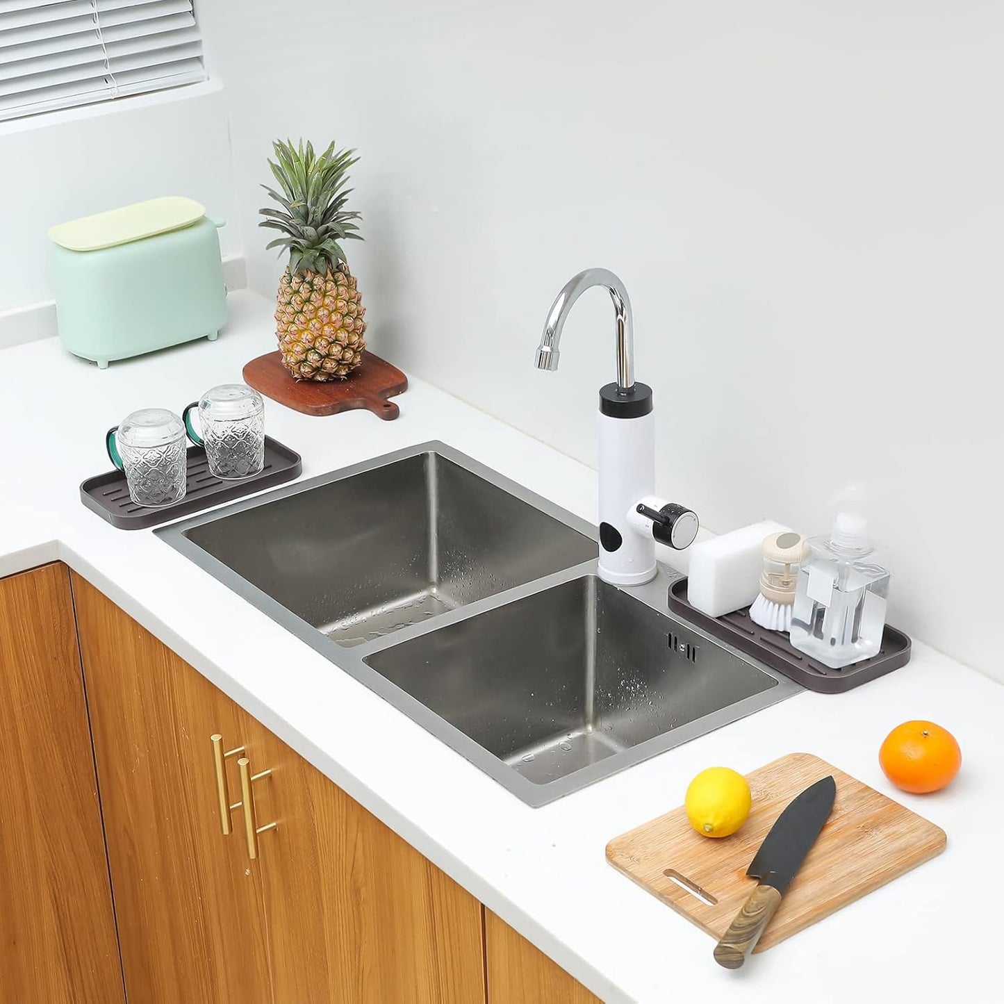 Silicone Kitchen Sink Organizer Tray for Multiple Usage,Eco-Friendly Sponges Holder for Kitchen Bathroom Counter or Sink,Dish Soap Dispenser,Scrubber,Bottle,Cup (Coffee, 10"×5.3")