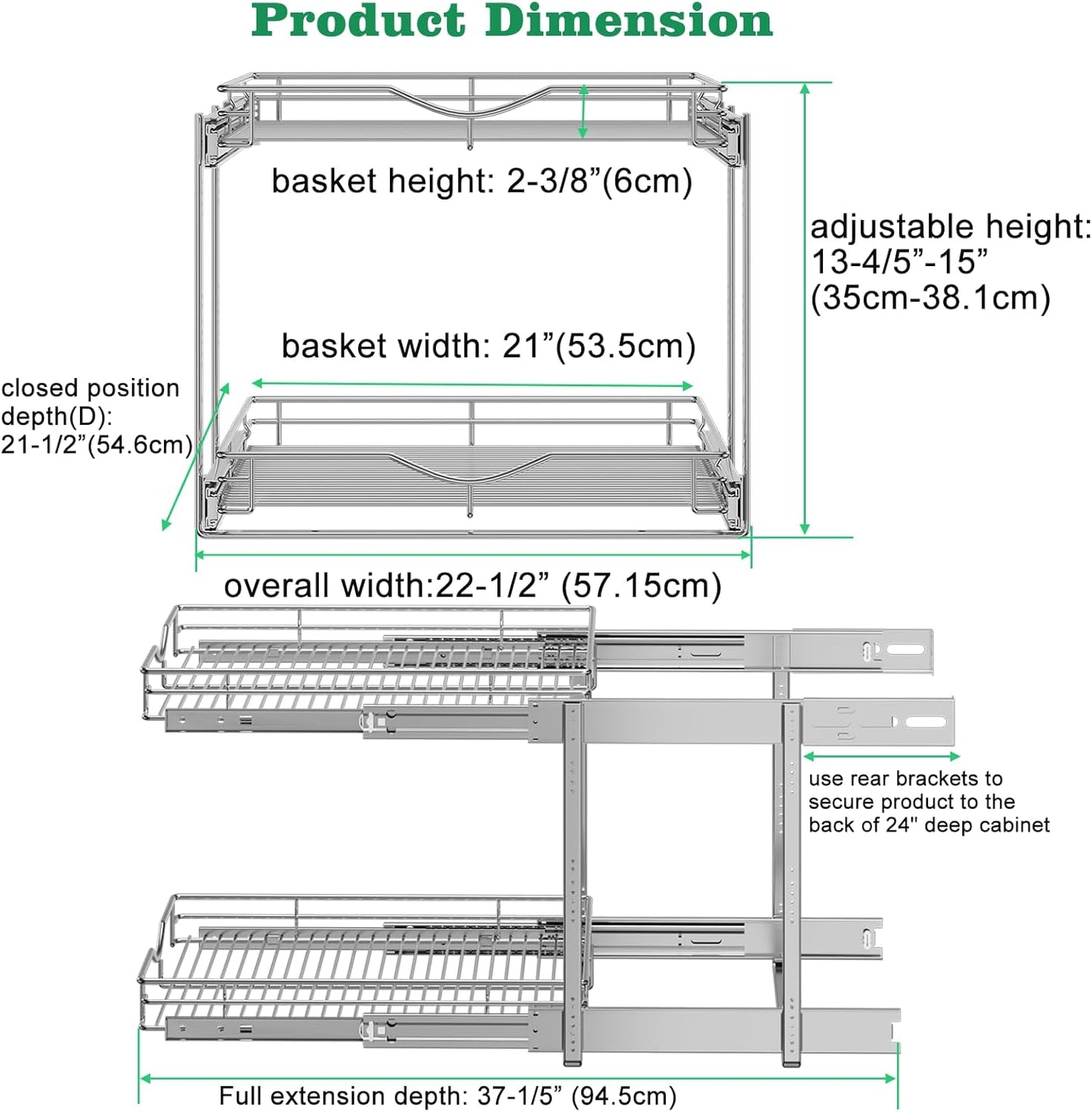 DINDON Pull Out Cabinet Organizer (22-1/2" W x 21-1/2"D), Cabinet Pull Out Shelves, 2 Tier Pull Out Drawers for Kitchen Cabinets, Wire Basket Slide Out Shelf, Pot and Pan Organizer