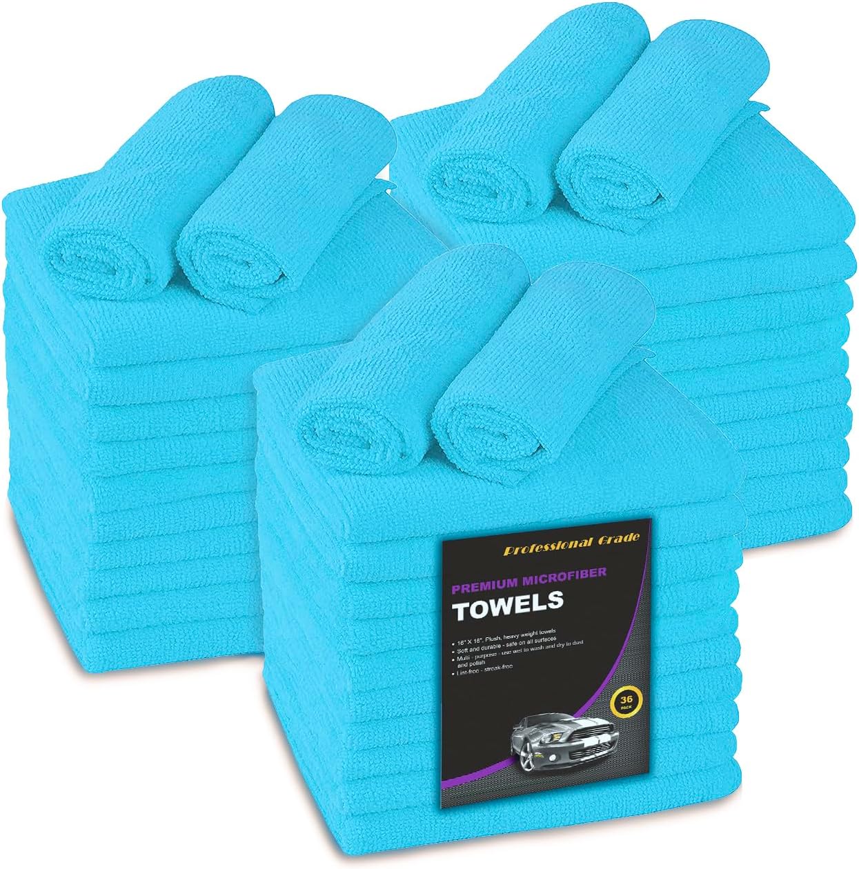Large Microfiber Cleaning Towels, 36-Pack, Ultra Soft Plush Washcloth Rag, Professional Grade Premium Detailing Cleaning Cloths for Car, Household and Commercial (Sky Blue, 16" X 16")