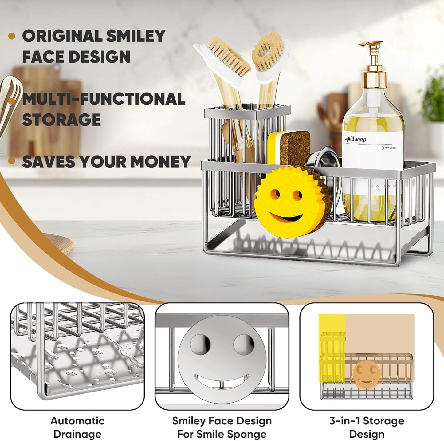 Sponge Holder for Kitchen Sink,Smiley Face Sink Caddy with Removable Brush Holder,Self-Draining Sponge Caddy for Soap,Dish Brush,Scrubber,Kitchen Essentials and Gadgets-Silver