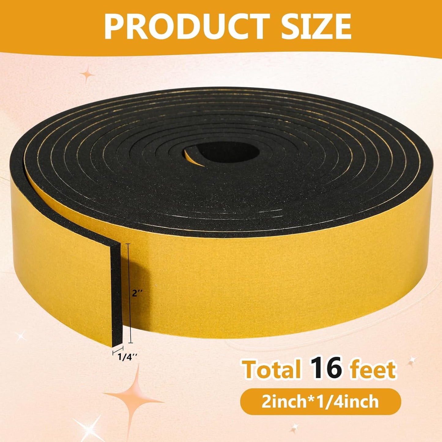 Weather Stripping Seal (2 Inch X 1/4 Inch) for Door Window, 16Feet High Density Foam Tape, Soundproofing, Insulation Strip, Door Sealers for Door Frame- Black