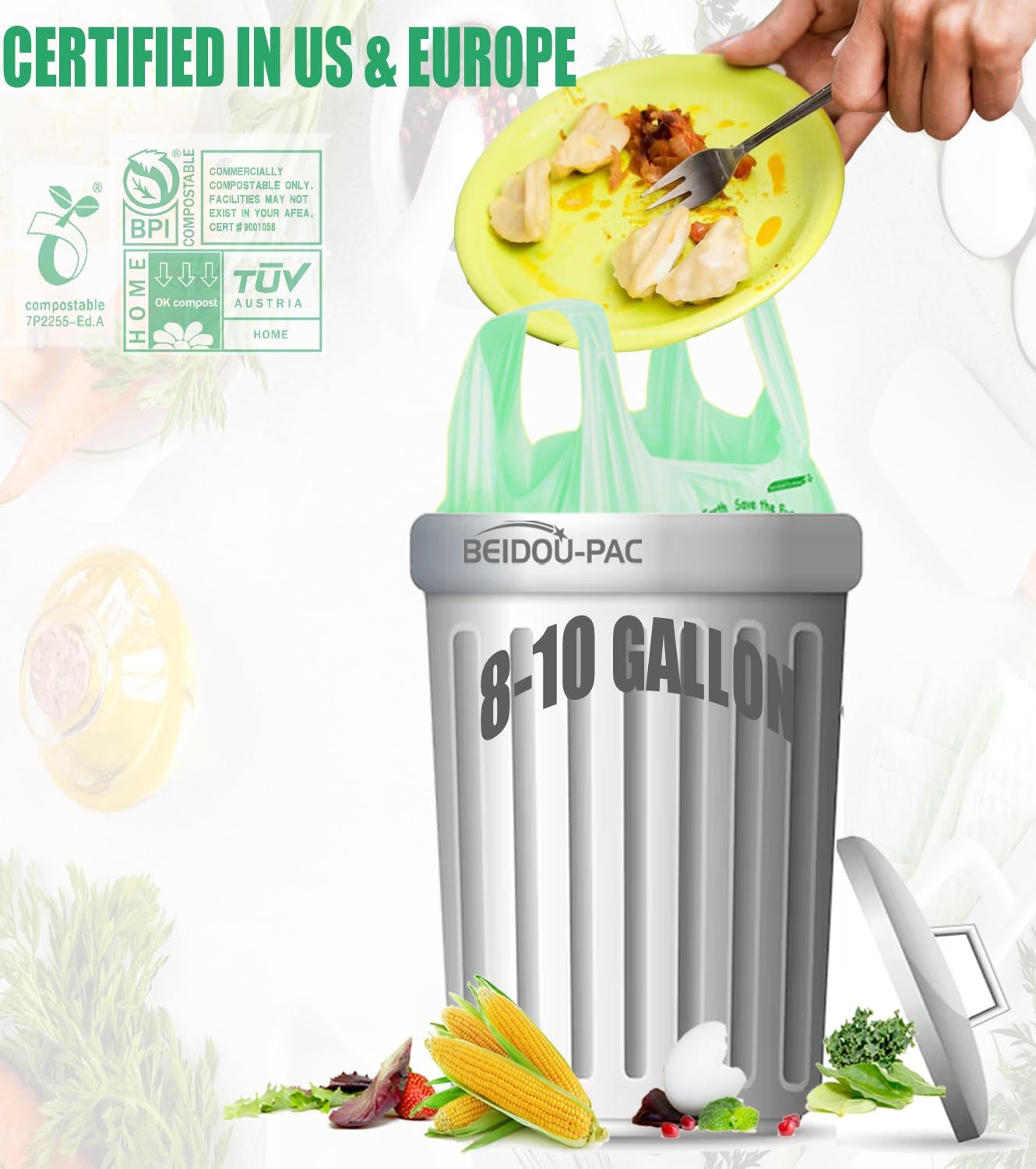 8-10 Gallon Compostable Trash Bags, 120 Count, Compost Bags Kitchen Trash Bags with Handle, Sturdy Biodegradable Garbage Bags Food Scrap Waste Bags, ASTM D6400, US BPI Certified