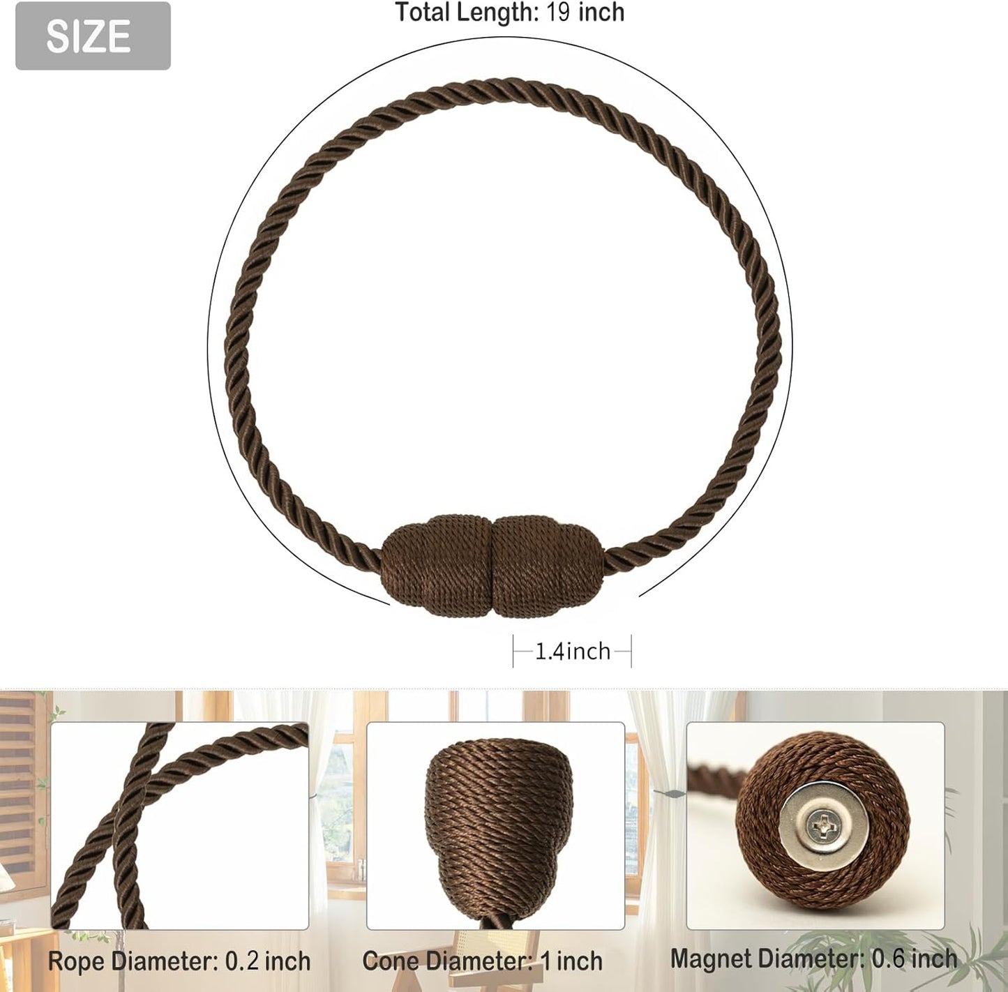 Magnetic Curtain Tiebacks Rope Curtain Tie Backs for Curtains 2 Pack Curtain Holders for Drapes Decorative Window Curtain Holdbacks, Coffee