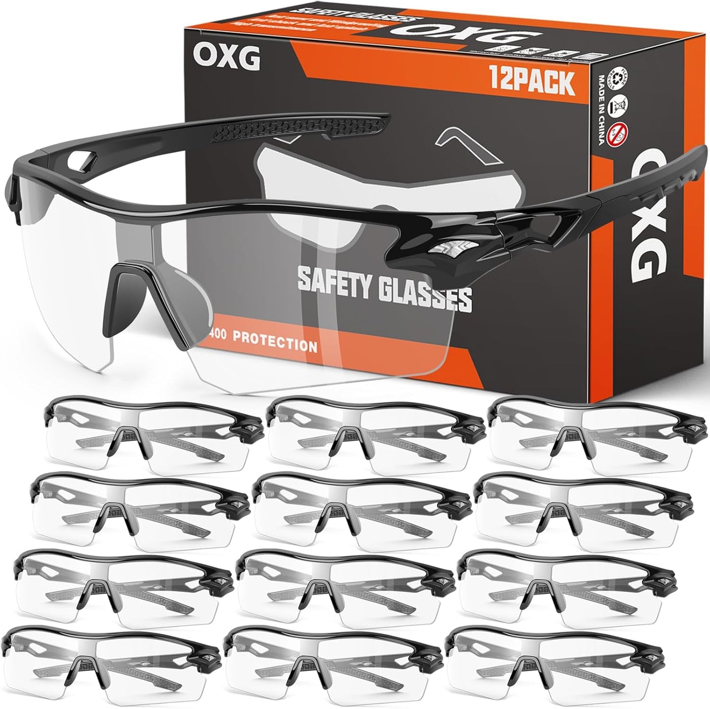 OXG 12 Pack Safety Glasses for Men Women, ANSI Z87.1 Safety Goggles Impact Resistant Protective Eyewear for Work, Outdoor