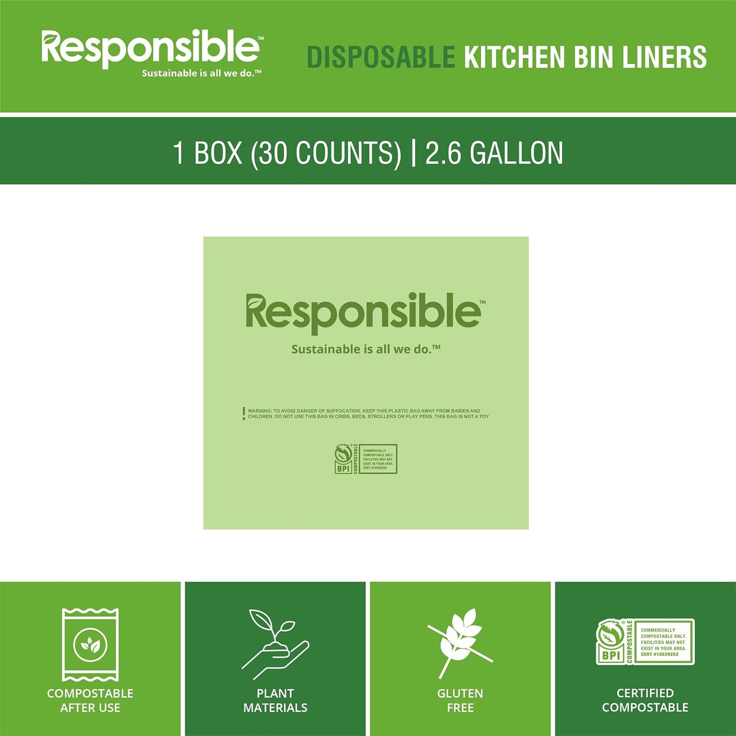 Responsible Products Kitchen Bin Liners, Certified Compostable, Heavy Duty Multipurpose Food Scrap Bags, Made from Compostable Materials (2.6 Gallon Flat Top, 2.6 Gallon (30 Count))