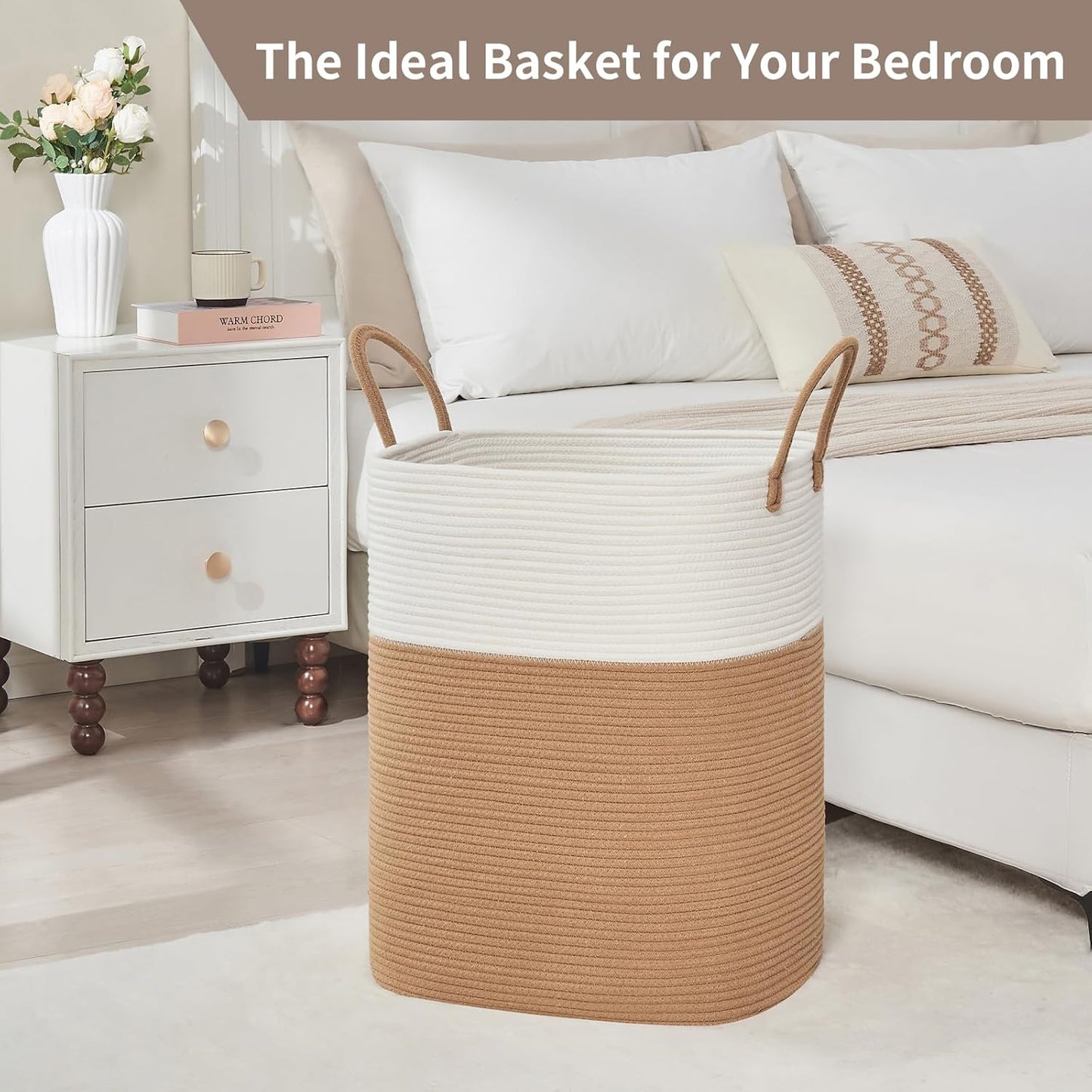 Laundry Basket with Handles - Blanket Basket & Hampers for Bedroom Aesthetic, Laundry Hamper & Blanket Storage for Living Room, Clothes Hamper, Tall, Large 17" x 14" x 22”, White & Jute