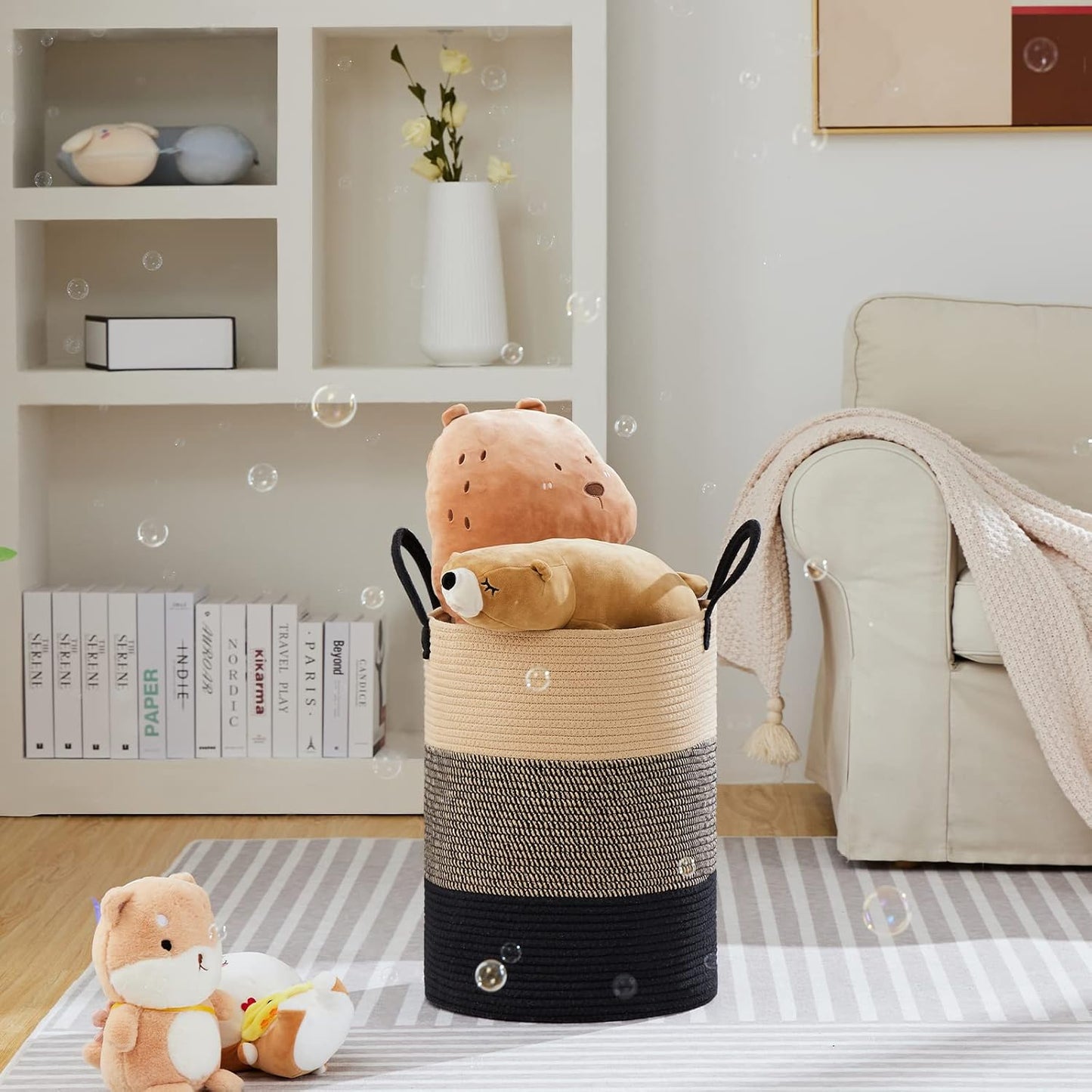 VIPOSCO Large Laundry Hamper, Tall Woven Rope Storage Basket for Blanket, Toys, Dirty Clothes in Living Room, Bathroom, Bedroom - 58L Brown & Black