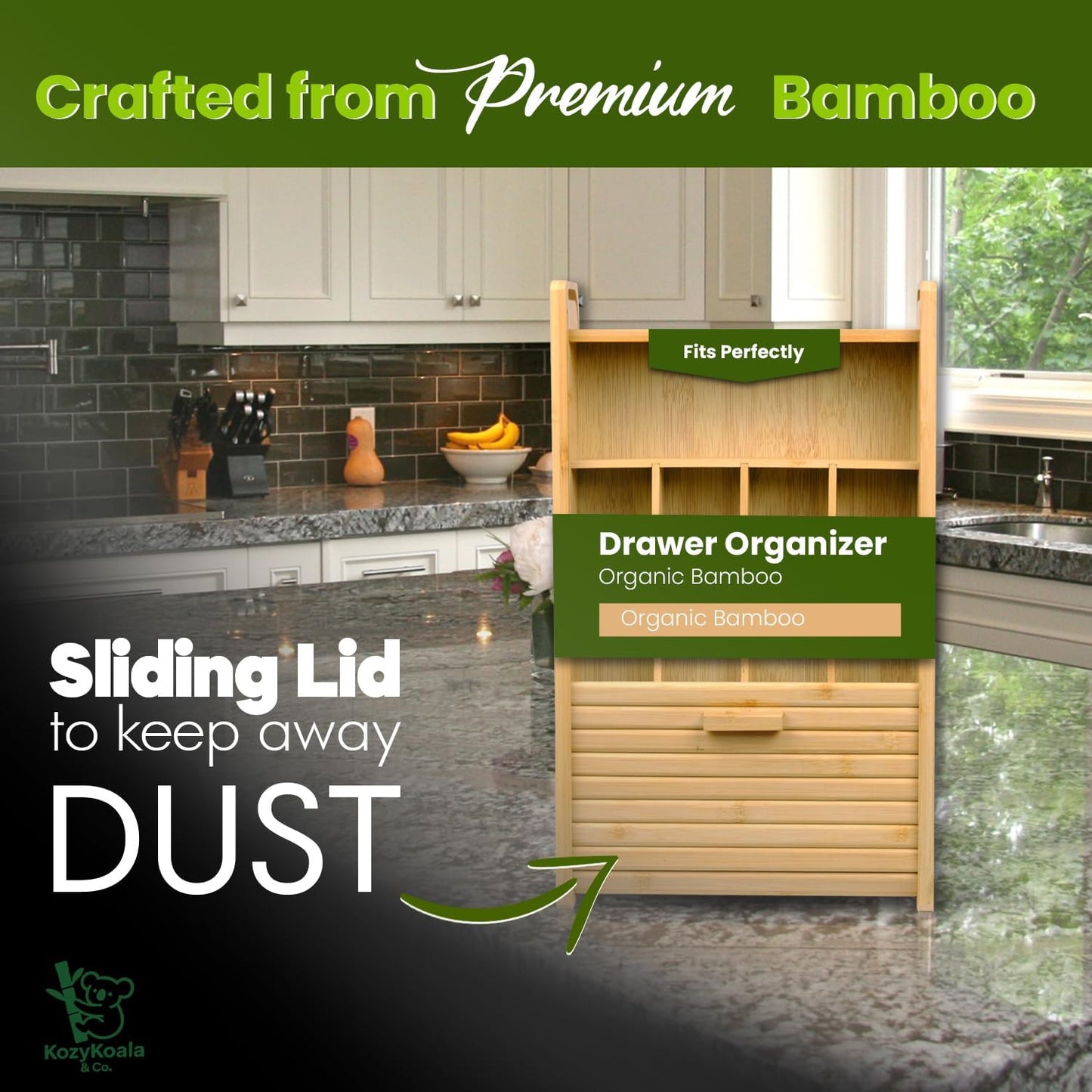 KozyKoala & Co. Bamboo Drawer Organizer with Sliding Lid - 5 Slot Kitchen Drawer Organizer & Utensil Holder - Wood Bamboo Cutlery Tray for Flatware, Gadgets & Multipurpose Storage for Home & Office