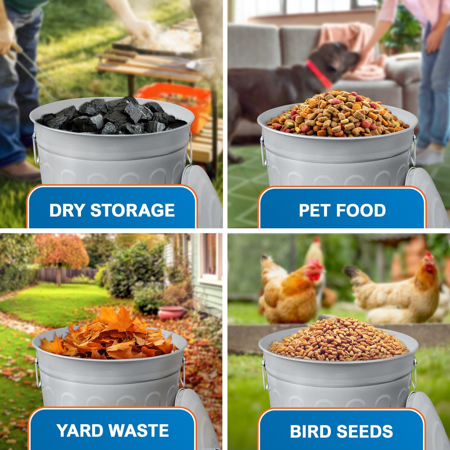 Plexon Round Trash Can 13 Gallon, Vintage Metal Outdoor Trash Can with Lid, Retro Farmhouse Garbage Container, Old School Modern Ash Bucket, Gray 2 Pack