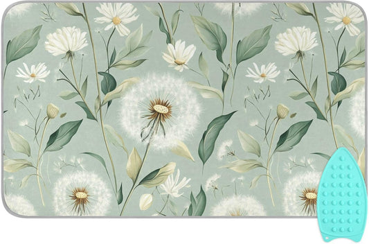 Sage Green Dandelions Flower Ironing Mat for Table top Portable Ironing Pad Blanket for Washer Dryer Countertop Travel