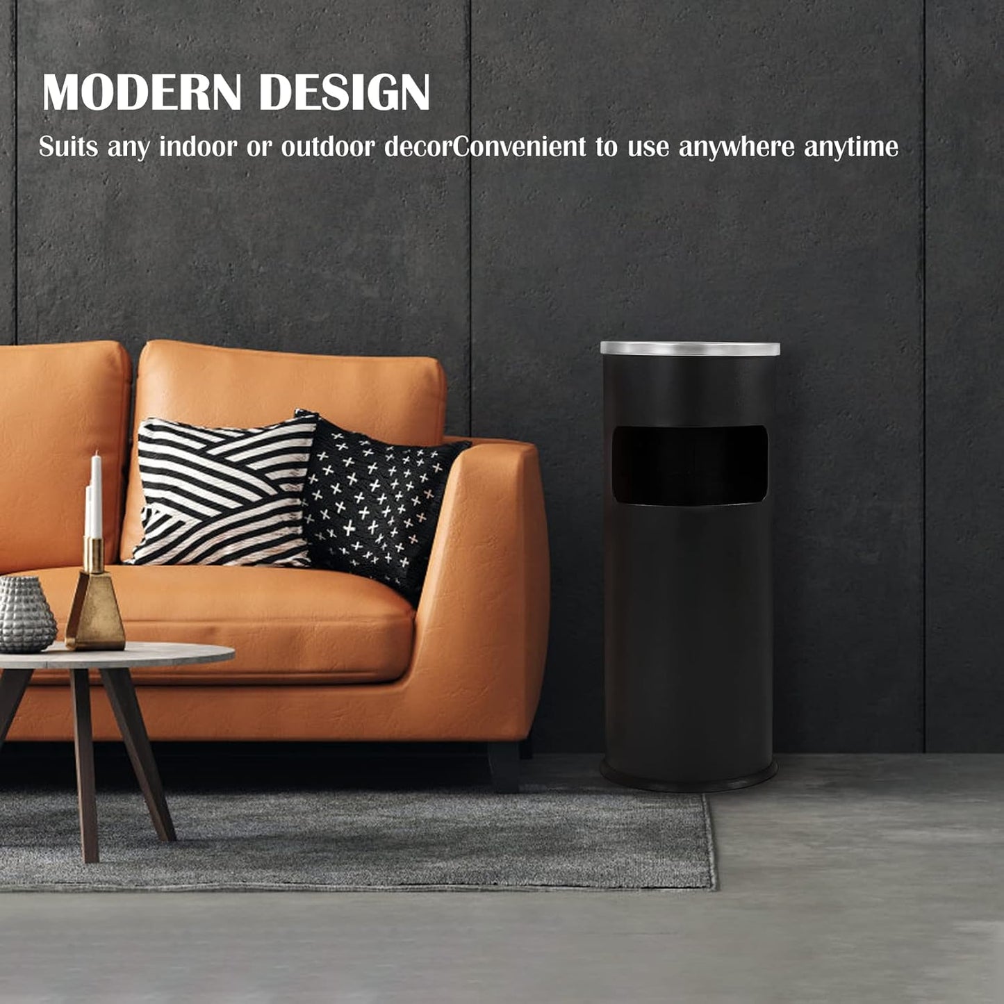 Trash Can Outdoor Waste Container Round Stainless Steel Trash Can with Removable Inner Bucket for Disposal Commercial Waste Container 9.8 x 24-Black