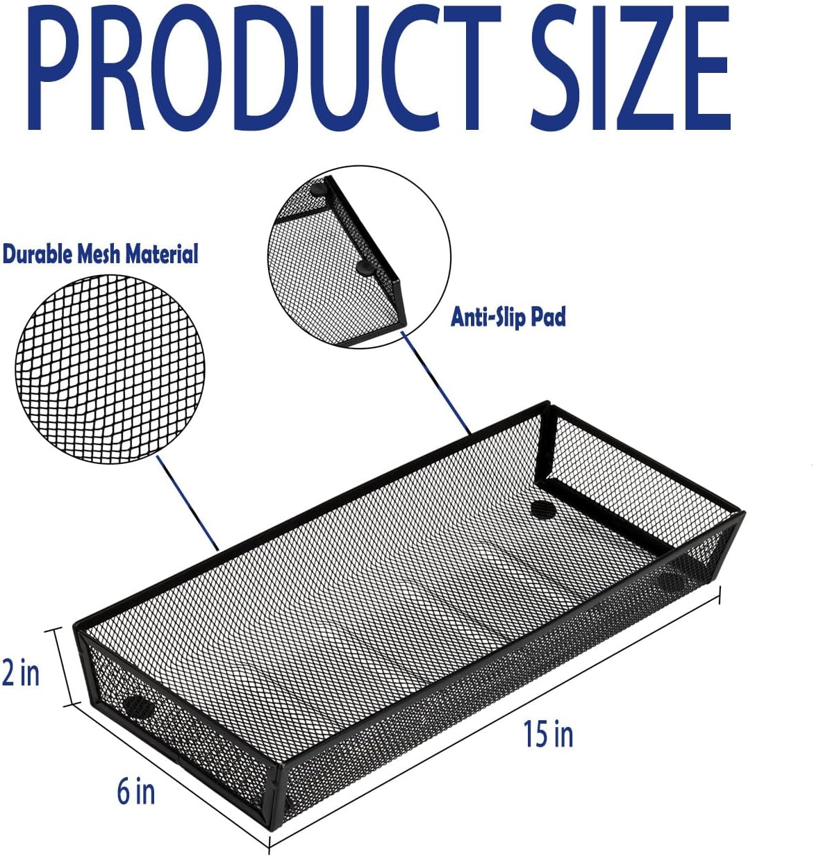 BYCY Silverware Drawer Organizer, Mesh Utensil Organizer for Kitchen Storage, Black Steel Metal Mesh Tray for Flatware Fork Spoon Knife… (15 * 6-4P-Black)