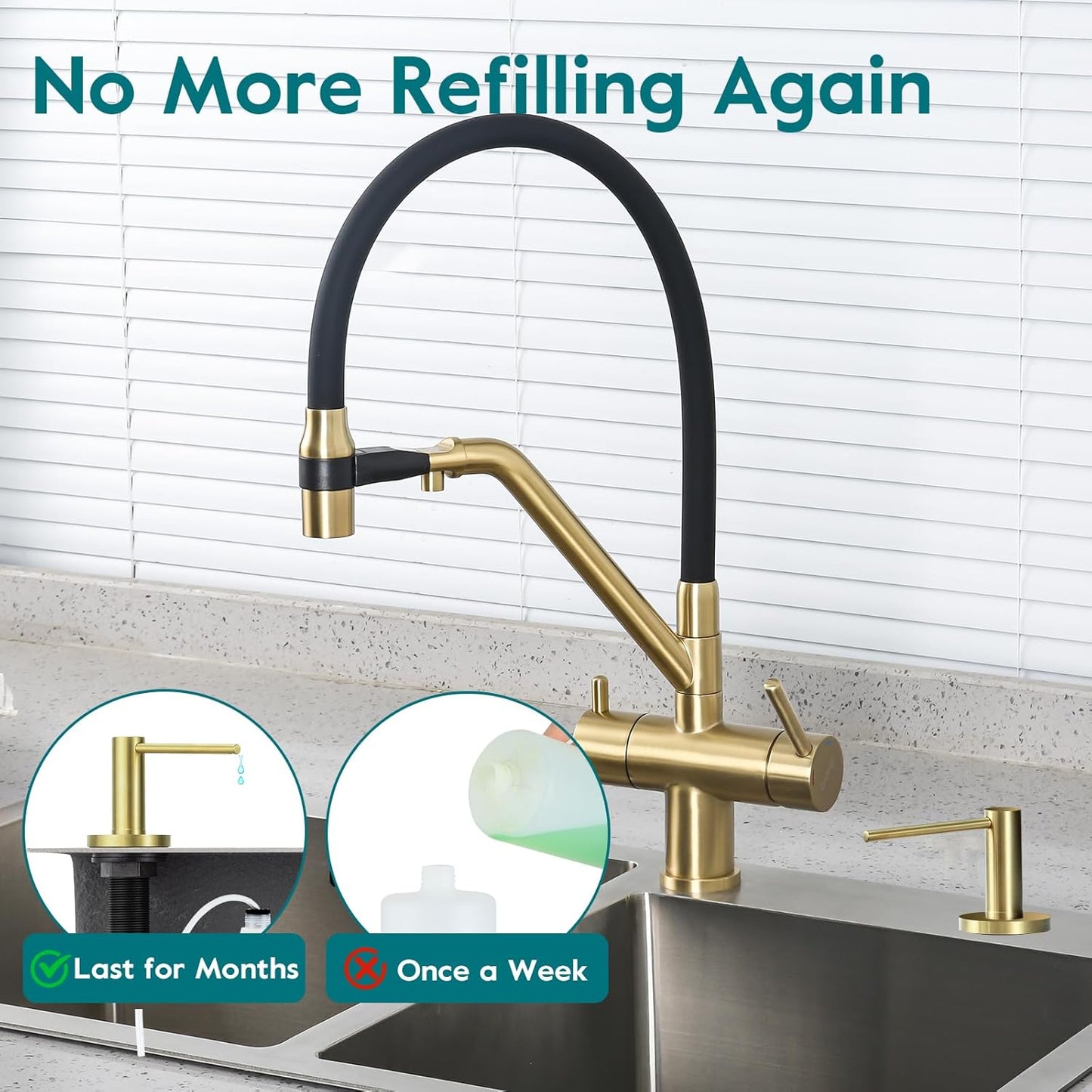 Gappo Soap Dispenser for Kitchen Sink Champagne Gold, Stainless Steel Countertop Pump, Built in Sink Soap Dispenser with 47" Extension Tube kit