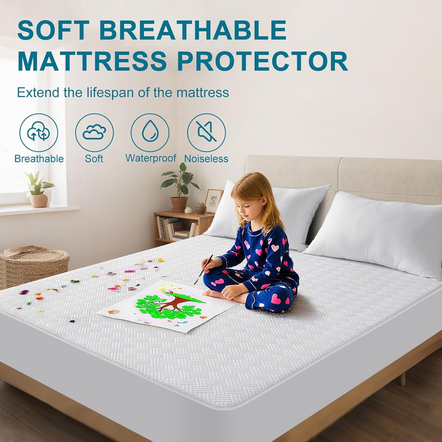 Waterproof Mattress Protector California King Size - Breathable, Noiseless, Ultra-Soft Bed Cover, Mattress Pad Cover with Deep Stretchable Pockets 8"-21" (White)