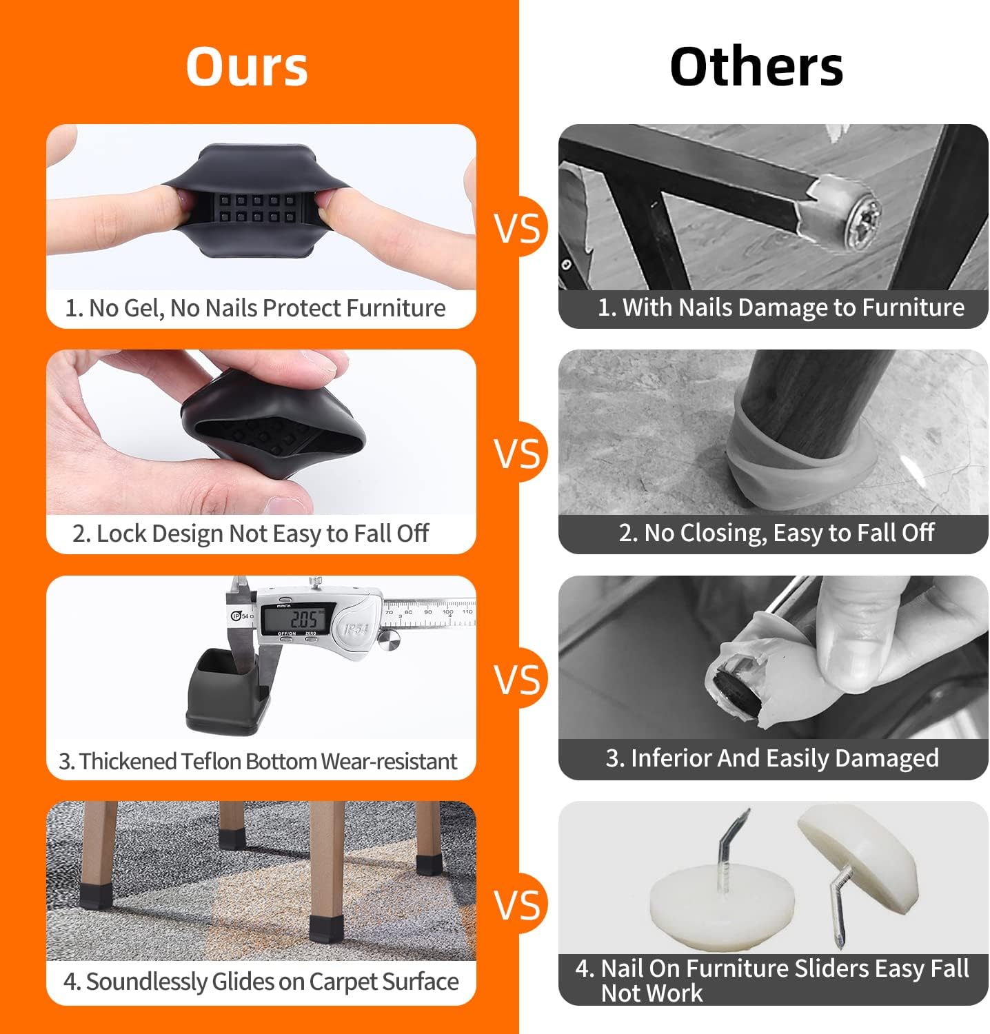 Ezprotekt 24 Pcs Black Chair Leg Sliders for Carpet, Square Chair Glides for Rug, Teflon Furniture Pads Leg Protectors Caps - for Dining Table, Bar Stool, End Table Legs (L Fit:1" - 1.4")