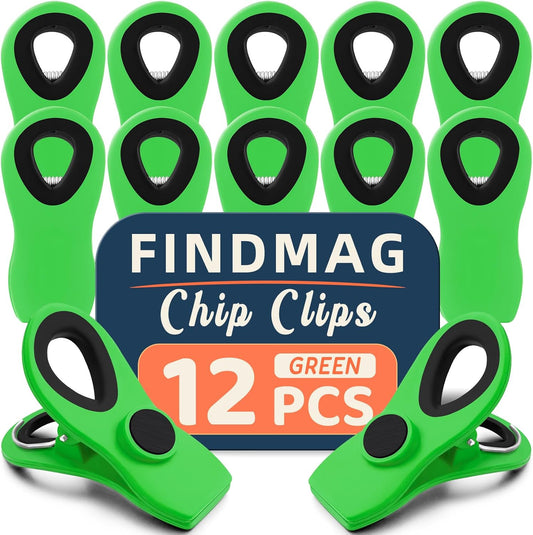 FINDMAG Big Chip Clip, Green Magnetic Wide Bag Clip Set, Cute Magnet Clips Refrigerator Sealing Clip, Plastic Food Clips Great for Kitchen, Home, Snacks, Bread, 12 Pack