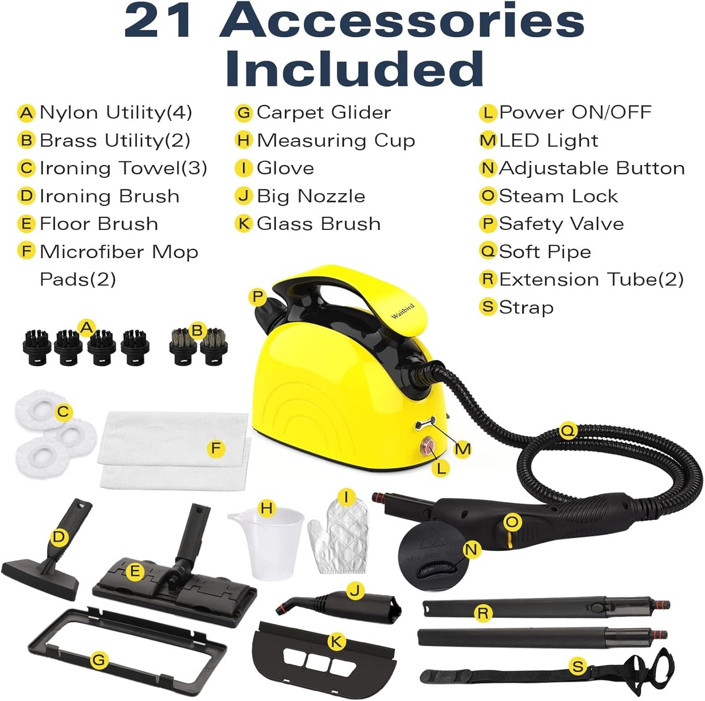 Steam Cleaner with 21 Accessories, 248°F High-Temp Steam & 1.1L Large Tank for Deep Cleaning Floors, Tiles, Carpet, Cars - Free Cleaning (Yellow) Chemical-Free Home & Auto Use