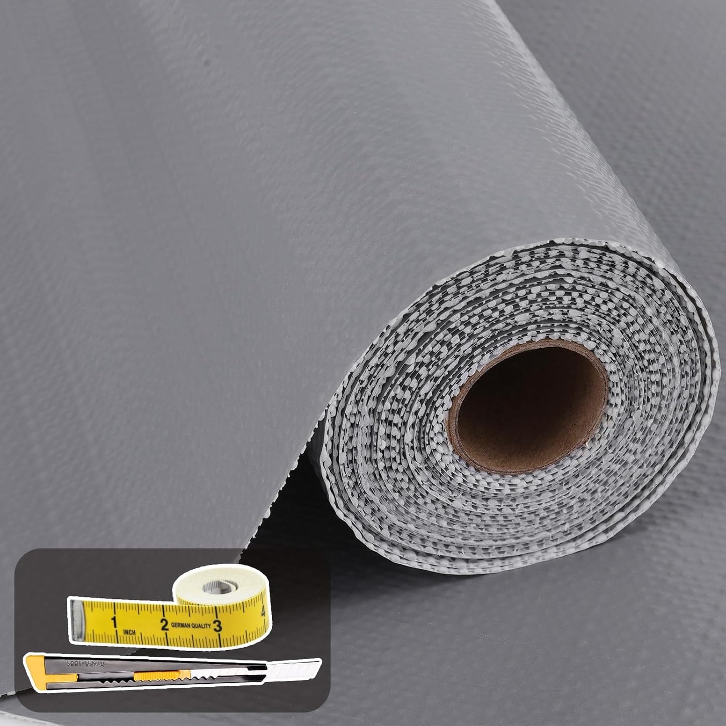 Shelf Liners for Kitchen Cabinets 12in x 30FT Non Adhesive Drawer Liner Grey Thickened Shelf Liner Paper Strong Non-Slip Easy to Clean for Tool Box Refrigerator with Knife and Tape Measure