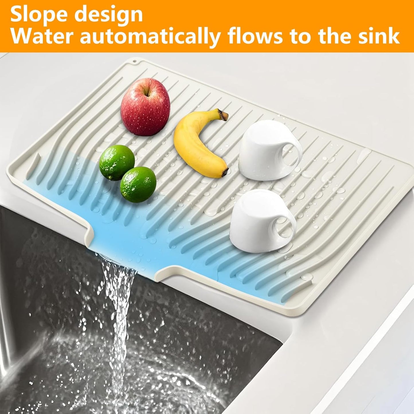 Silicone Dish Drying Mat for Kitchen Counter, Dish Drainer Mat, Non-Slip Drying Pad with Built-in Drain, Kitchen Drying Matt For Counter(18.9" x 11.8", Cream)