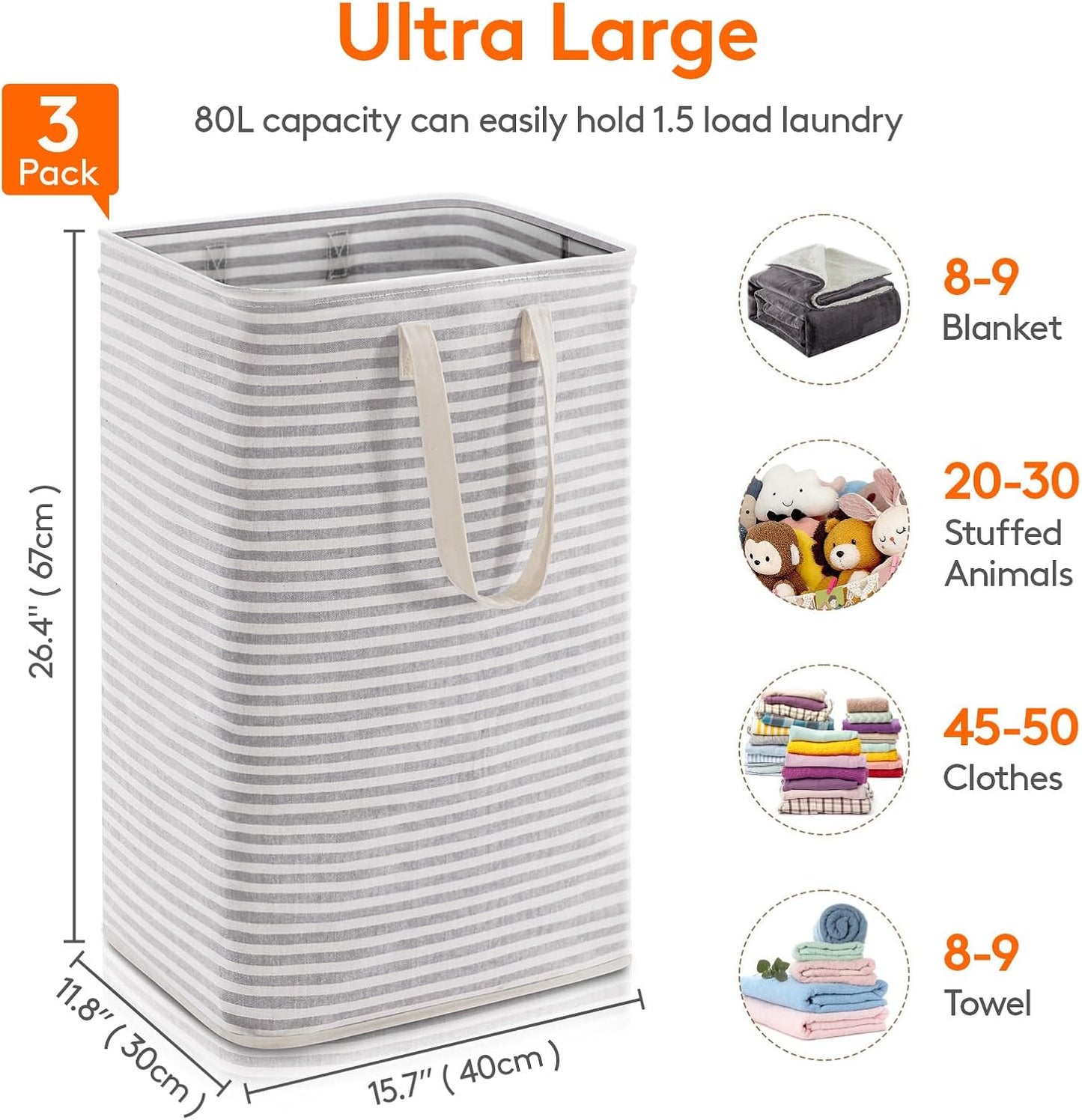 Lifewit 3 Pack Laundry Hamper Large Collapsible Laundry Baskets, Freestanding Waterproof Clothes Hamper with Easy Carry Handles in Laundry Room Bedroom Bathroom College Dorm for Adults, Gray, 3 x 80L