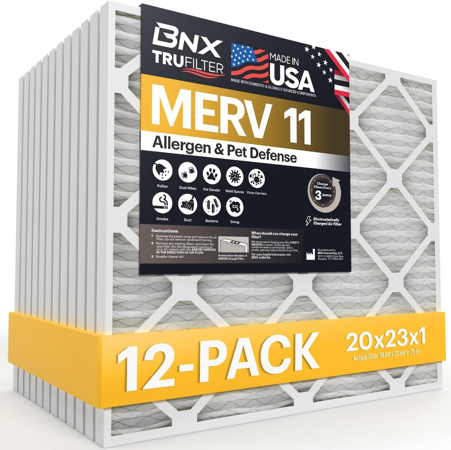 BNX TruFilter 20x23x1 Air Filter MERV 11 (12-Pack)- MADE IN USA - Allergen Defense Electrostatic Pleated Air Conditioner HVAC AC Furnace Filters for Allergies, Dust, Pet, Smoke, Allergy MPR 1200 FPR 7