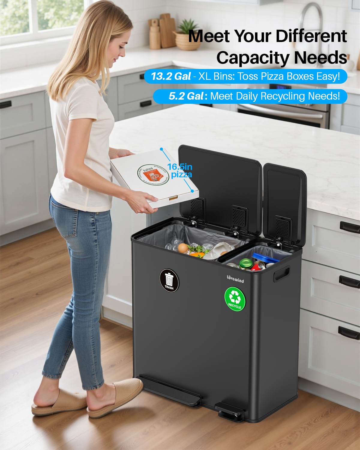 Dual Trash and Recycling Bins for Kitchen, 13.2 + 5.2 Gal (50+20L) Stainless Steel Trash and Recycle Bin Combo with Soft-Close Lid, Large Garbage Cans for Kitchen Home with 2 Magnets Sticker, Black