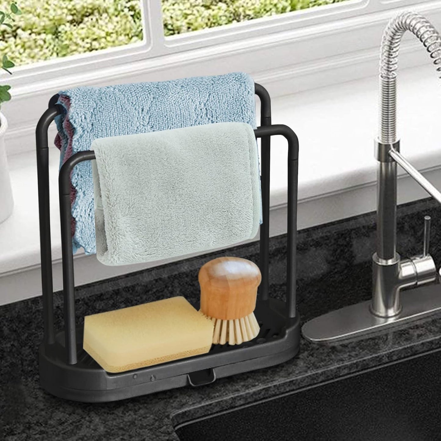Kitchen Sink Rack Tray Organizer Stand for Sponge, Dish Cloth, Rag, Brush, Scrubber Storage and Organization (Black)