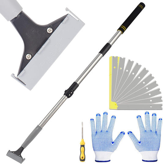 Floor Scraper Telescopic, 38 to 52in 4Inch Razor Blade Floor Scrapers Long Handle Heavy Duty Extension Pole Metal Paint Scraper with 10PCS Extra Metal Blades Paint Scraper (Gray, 4Feet)