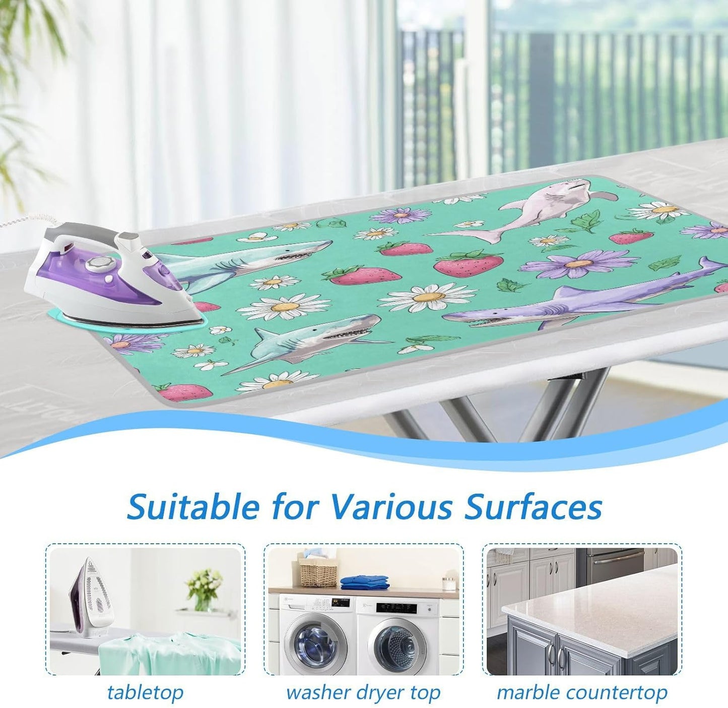 Mint Green Sharks Strawberry and Daisy Ironing Mat for Table top Portable Ironing Pad Blanket for Washer Dryer Countertop Travel