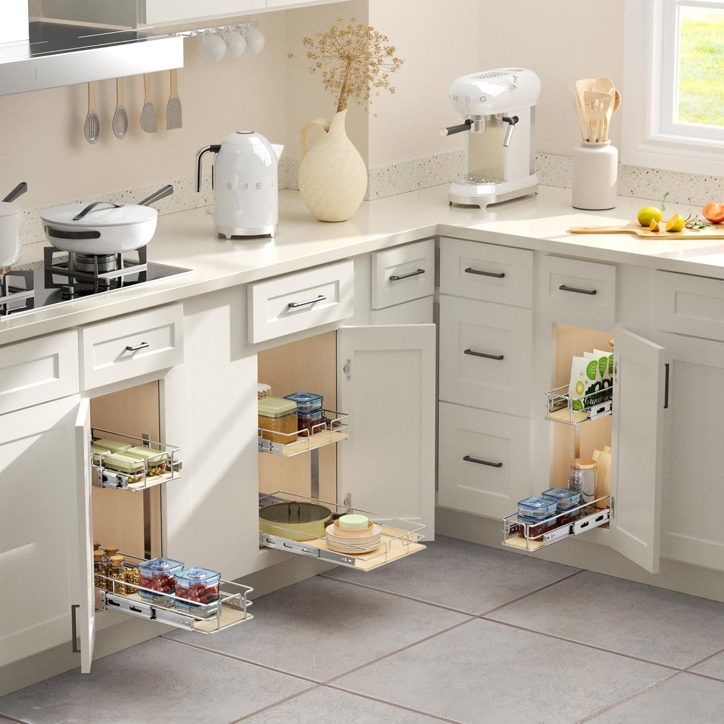 ROOMTEC 2 Tier Individual Pull Out Cabinet Organizer 5½"W x 21½"D, Slide Out Wood Shelves Organizers, Pull Out Drawers Organization and Storage for Kitchen Cabinet