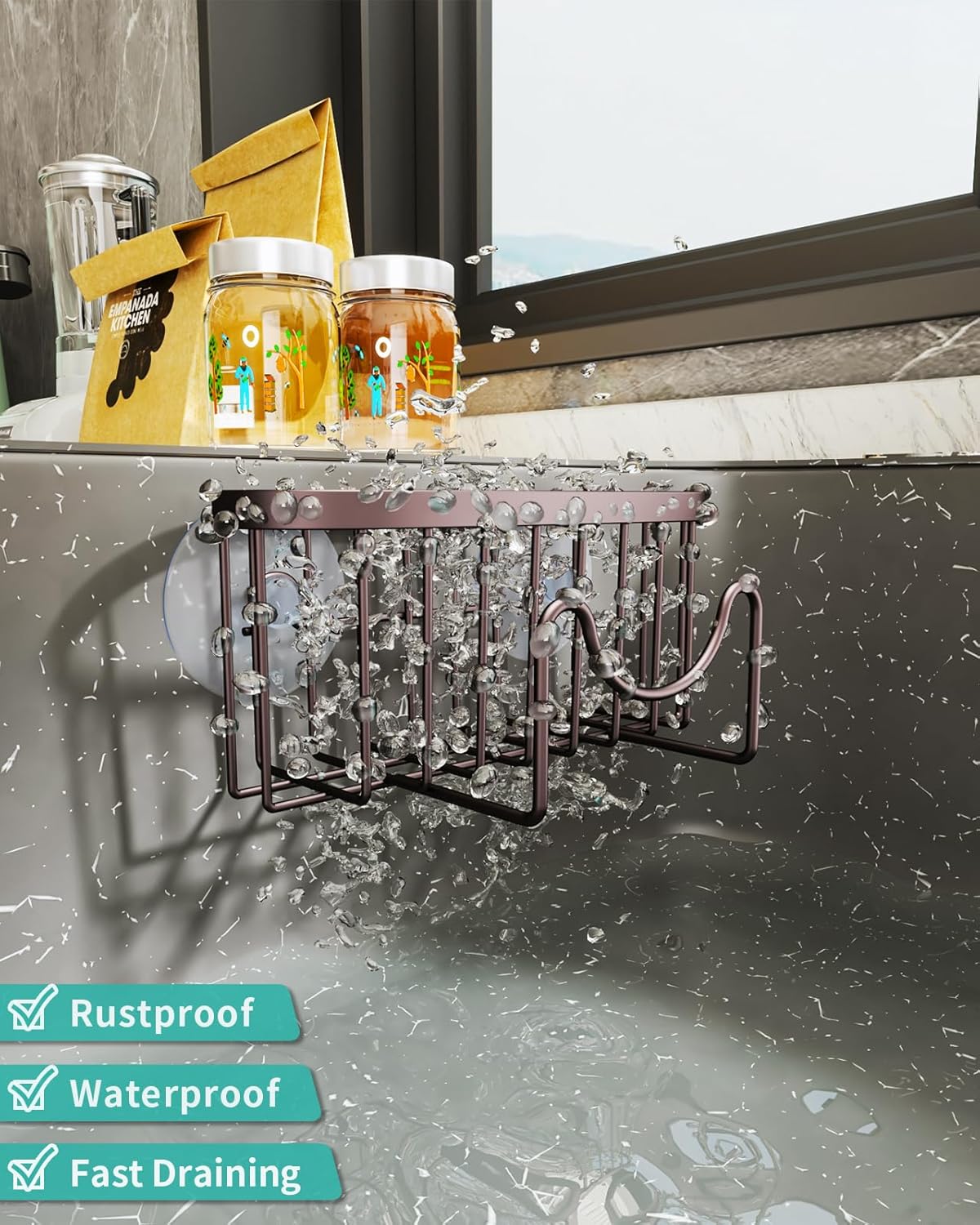 HapiRm Multifunctional Sponge Holder for Kitchen Sink with Unique M-Shaped, 2 Installation Methods Sink Caddy, Stainless Steel Kitchen Organizer for Sponge, Brush, Sink Stopper and Scraper -Bronze