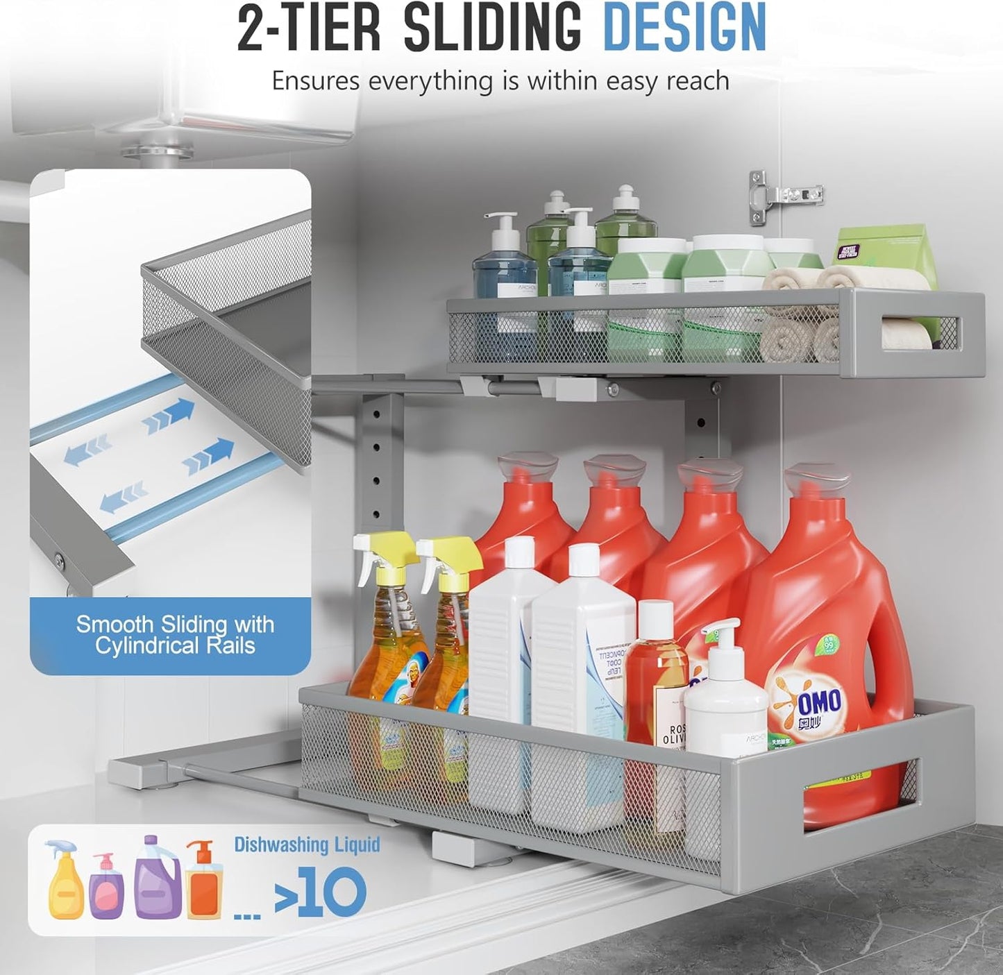 2-Pack Under Sink Storage Organizer, Large 2-Tier Elegant Mesh Pull Out Shelf for Kitchen and Bathroom Cabinet Organization, L-Shaped and Adjustable Height Design-Gun Gray