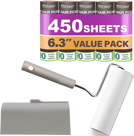 Extra Sticky Large Surface Lint Roller, 6.3'' Giant Lint Roller for Pet Hair, 450 Sheets/ 5 Refills, Long Handle Lint Remover for Clothes, Furniture, Dog & Cat Hair Remover