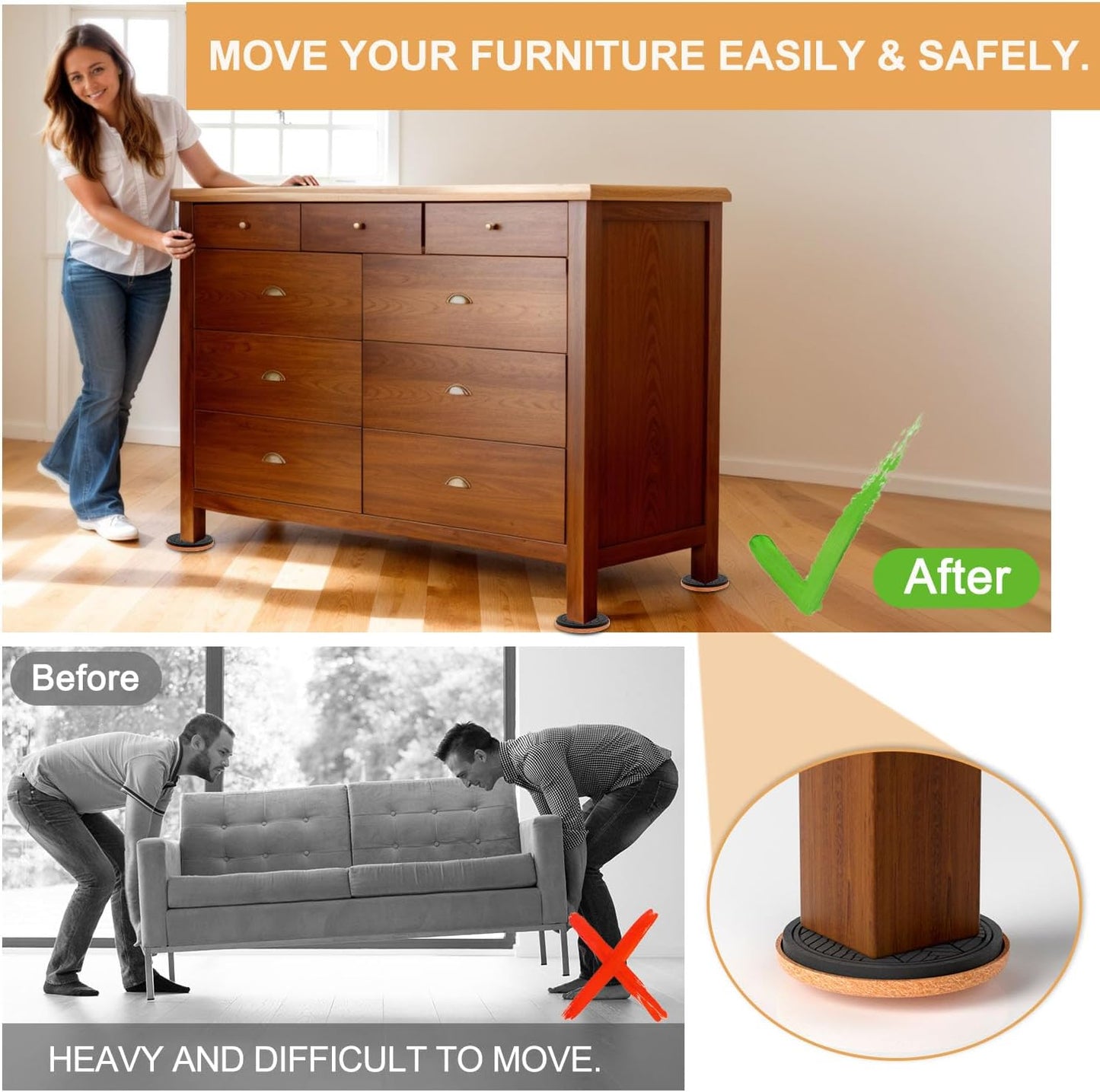 Felt Furniture Sliders for Hardwood Floors, PISAO 32 PCS 3 ½” Heavy Duty Furniture Movers - Unique Non-Scratch Design, Thick Felt Pads for Hard Surfaces, Move Large Furniture Easily