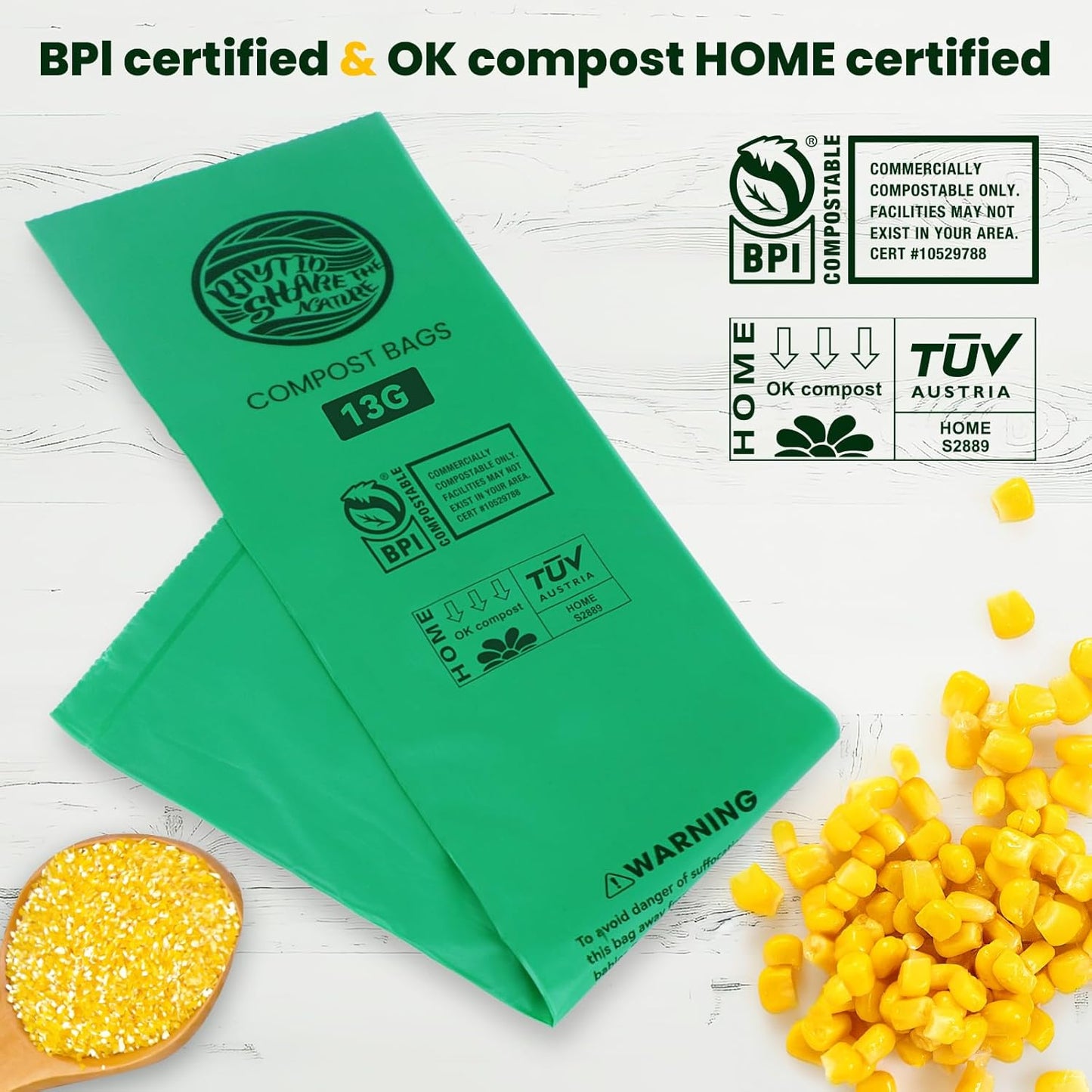 Trash bags 13+ gallon tall kitchen,Compostable Trash Lawn & Leaf Yard Waste Bags,Kitchen Compost Trash Bin Compatible,Extra Thick1.1 Mills,Certified by BPI and OK Compost(50count)