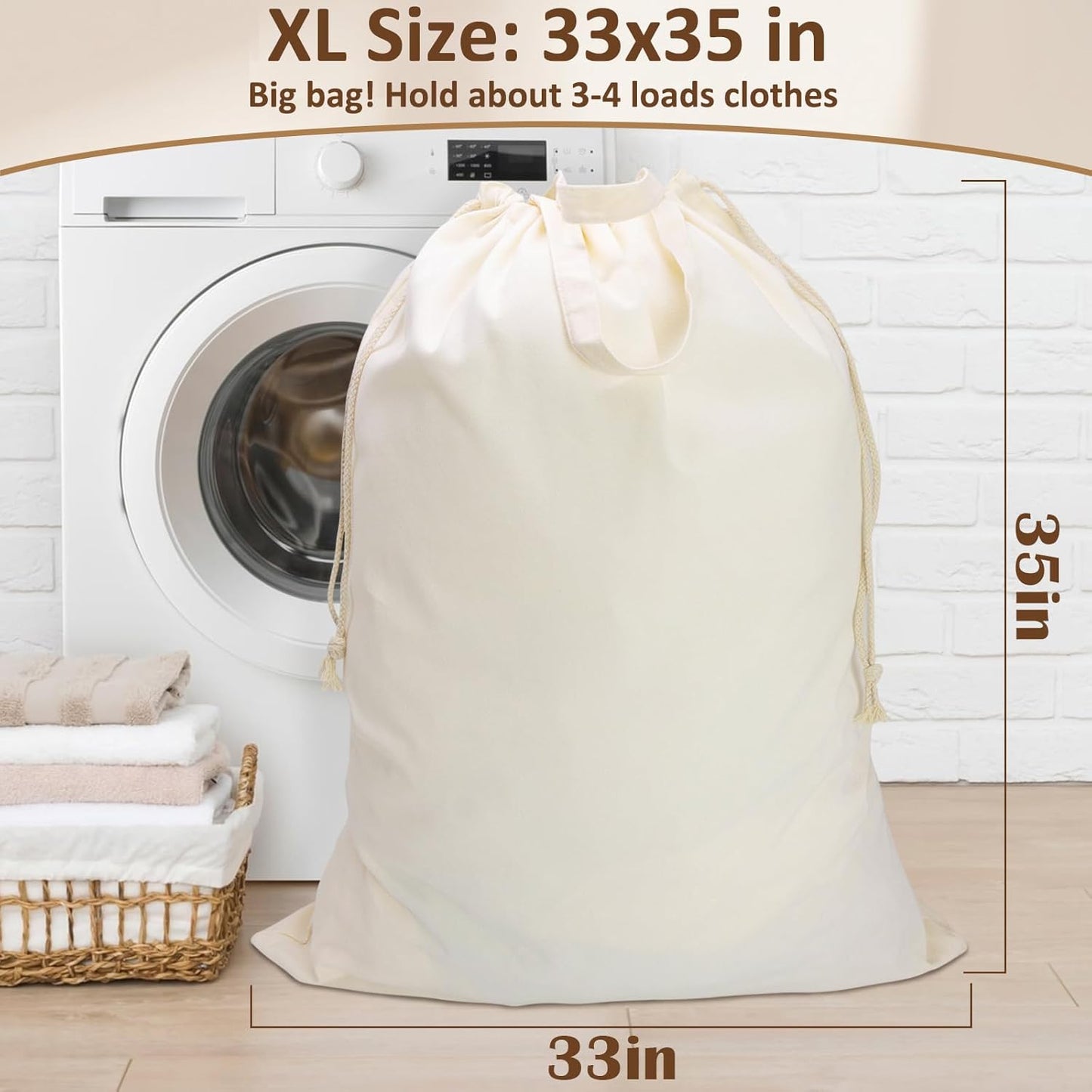 Canvas Laundry Bag 33"x 35", Thick Cotton Laundry Bag with Handles & Drawstring, Extra Large Heavy Duty Washable Basket Liner Hamper Liner Canvas Storage Sack (Beige XL, 1 Pack)