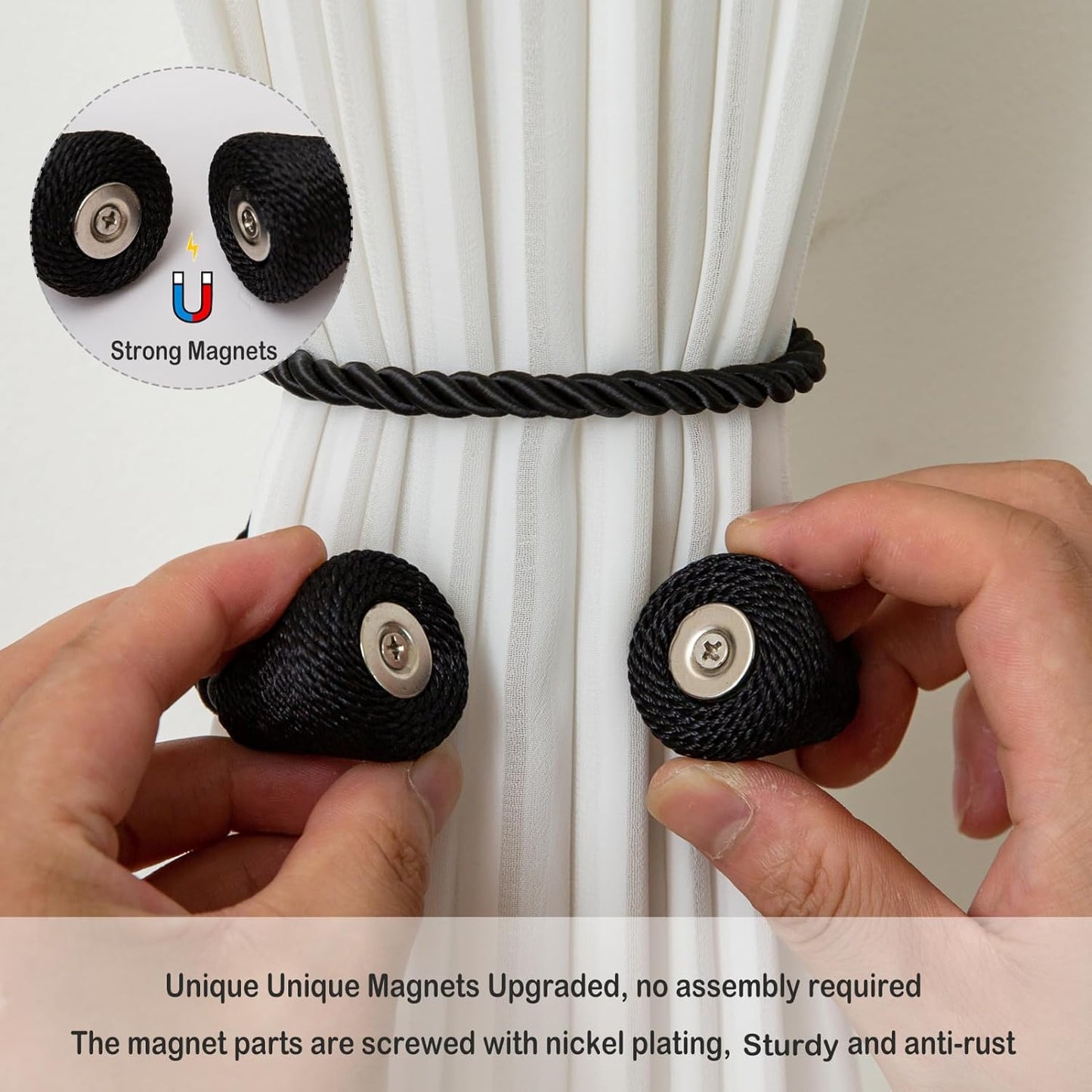 Magnetic Curtain Tiebacks 8 Pack Outdoor Rope Curtain Tie Backs Decorative Window Treatment Holdbacks for Home Decorative Curtain, Black