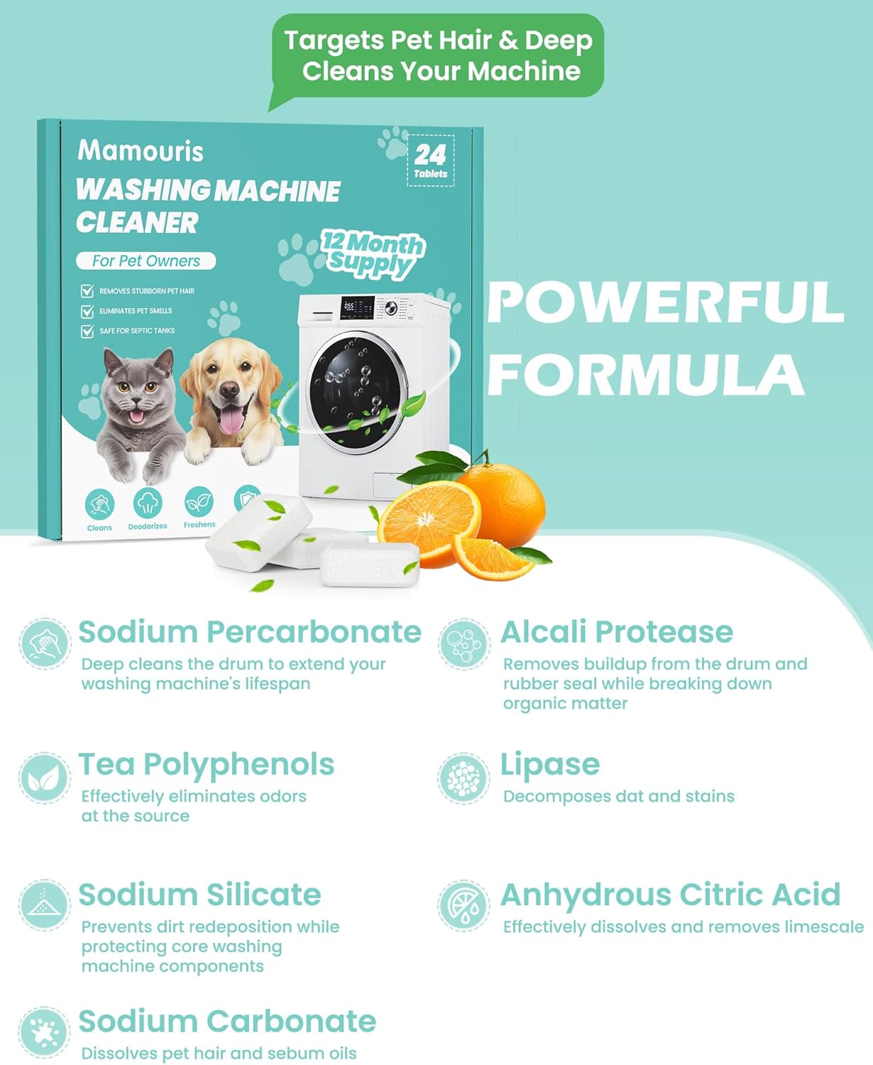 Washing Machine Cleaner Tablets: 24 Pack Deep Cleaning For HE, Front Loader & Top Load Washer, Removes Pet Hair, Odors, Designed for Pet Owners, Septic Safe, 12 Month Supply, Orange 11G