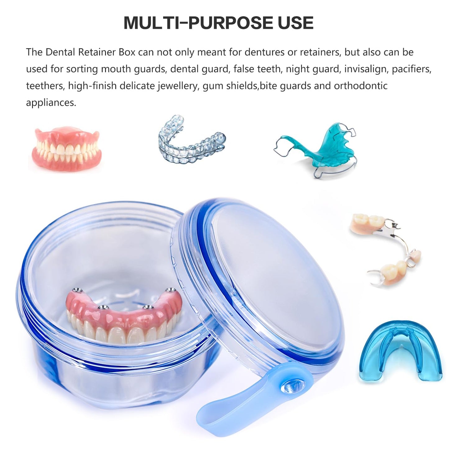 Leak Proof Portable Denture Bath Case Denture Cleaning Cup, False Teeth Holder Mouthguard Night Guard Container Box Retainer Soaking Case for Travel, Household, Office - Transparent Blue