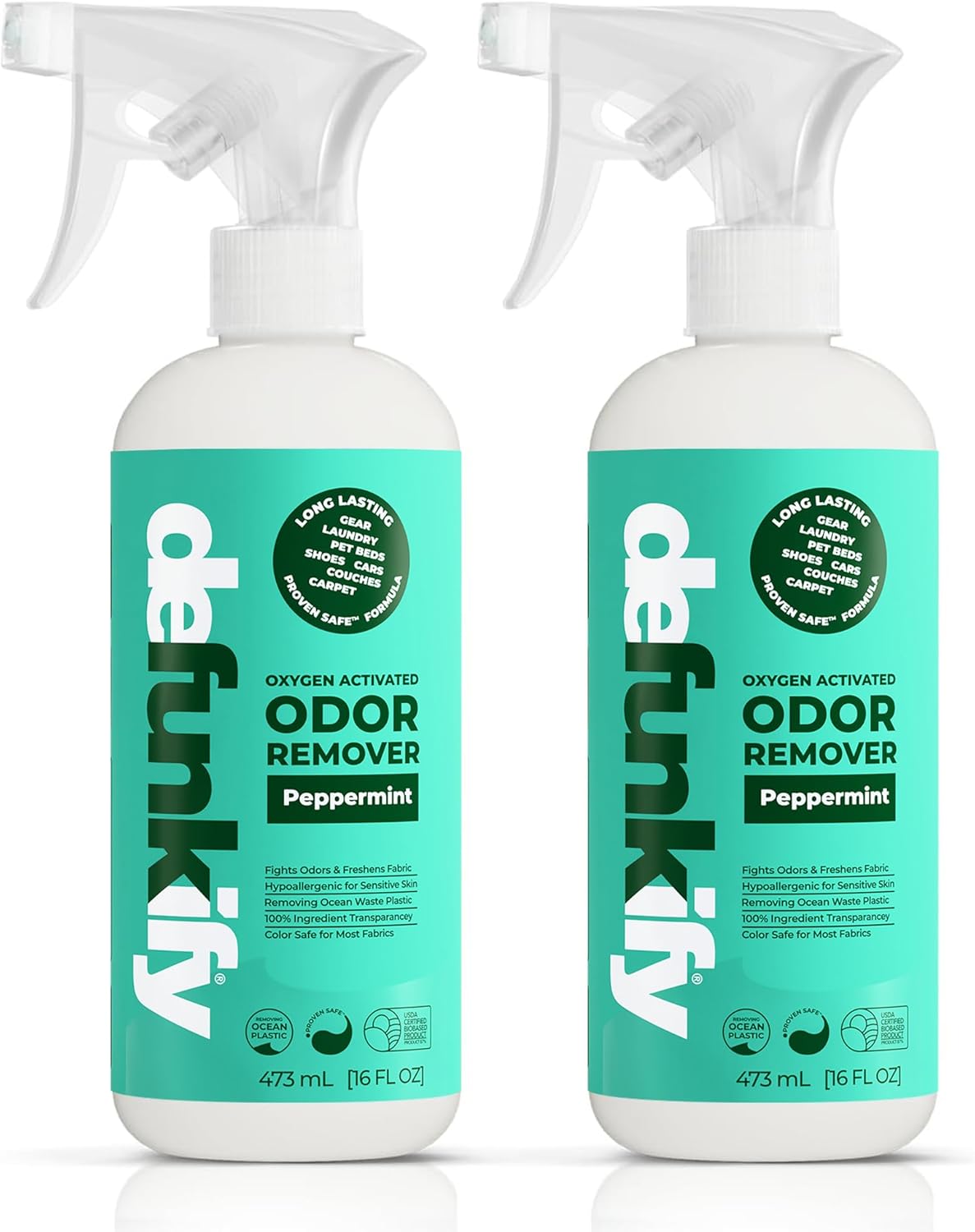Odor Remover Spray, 16oz (2-Pack). 'Peppermint' Essential Oil Odor Eliminator for Strong Odors on Fabric, Shoes, Activewear. 'ProvenSafe' Deodorizer for Pets, Kids & Sensitive Gear w/Ionic Silver