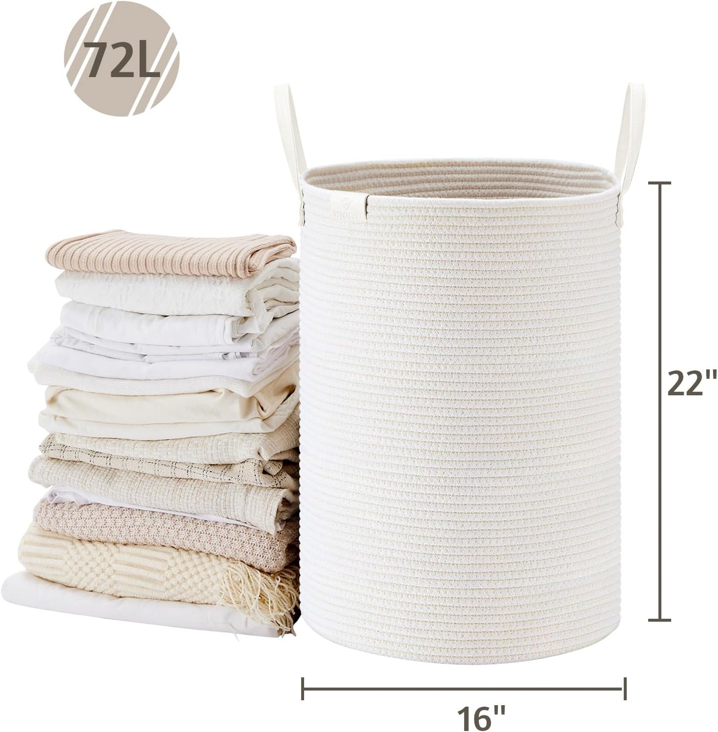 VIPOSCO Tall Laundry Basket, Large Dirty Clothes Hamper with Leather Handle, Woven Rope Storage Basket for Blanket, Toy In Living Room, Bathroom, Bedroom - 72L White