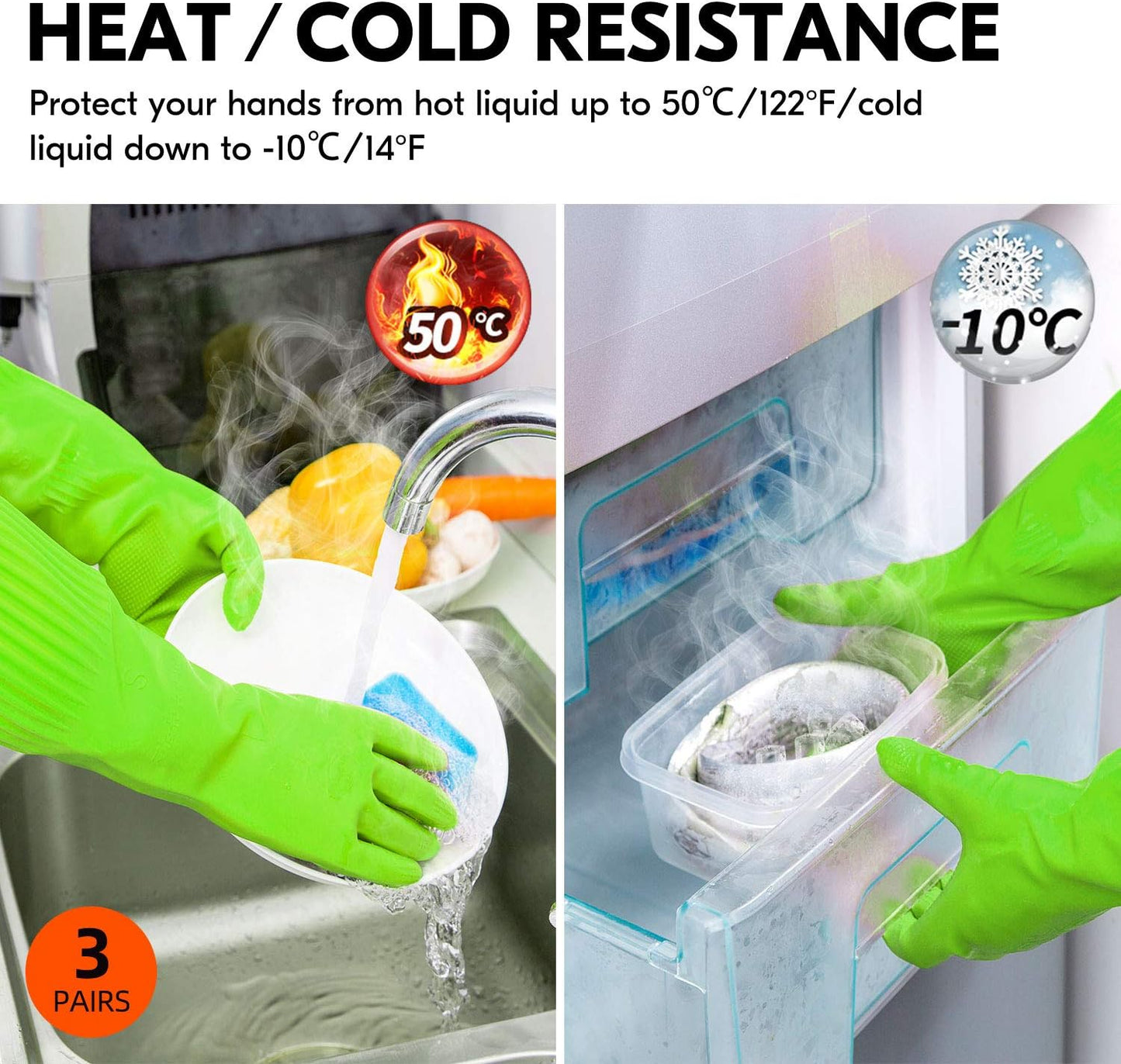 Vgo... 3-Pairs Dishwashing Gloves - Reusable Household, Kitchen, Long Sleeve, Thick Latex, Cleaning, Washing, Working, Painting, Gardening, Pet Care (Size S, Green, RB2143)