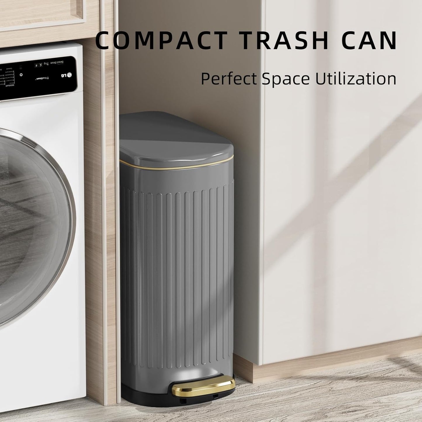 KUK Slim Bathroom Trash Can with Lid, 2.6 Gallon (10 L) Stainless Steel Step Small Garbage Can with Removable Inner Bucket, Soft Close, Anti-Fingerprint Finish (Gray)