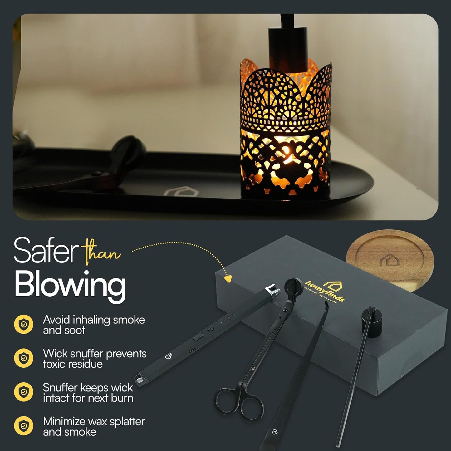 Candle Accessory Set 5 in 1 Candle Care Kit with Wick Trimmer, Dipper, Snuffer, Rechargeable Candle Lighter & Metal Tray – Luxury Gift Box for Candle Lovers (Matte Black)