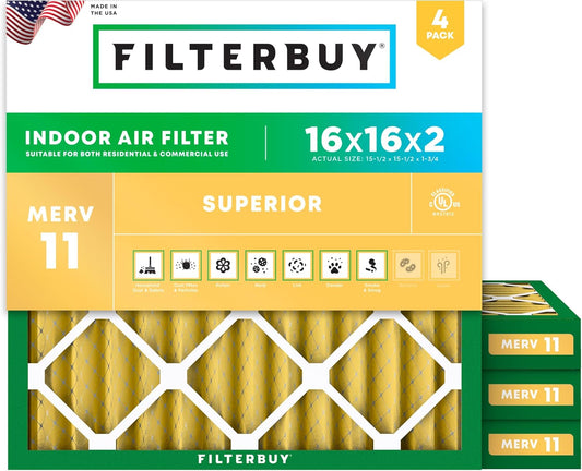 Filterbuy 16x16x2 Air Filter MERV 11 (MPR 1200) Allergen Defense Replacement (4-Pack), Electrostatic Pleated HVAC AC Furnace Filters, Made in USA (Actual Size: 15.50 x 15.50 x 1.75)