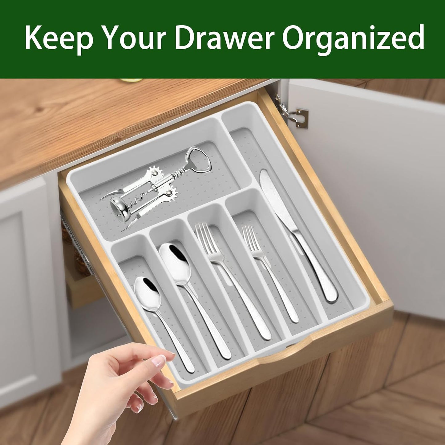 Silverware Organizer Utensil Organizer Holder Kitchen Drawer Organizer Plastic Silverware Tray for Drawer Flatware Organizer 6 Compartment White