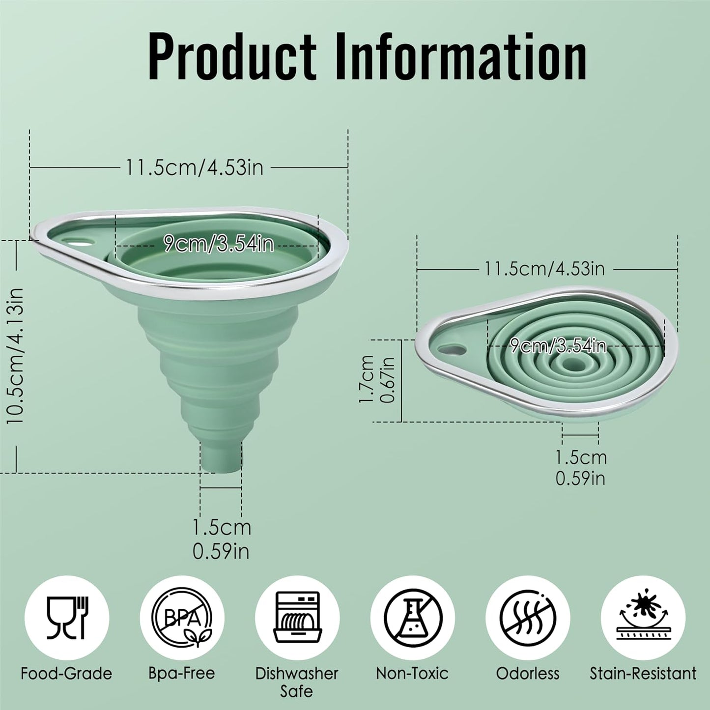 New Upgraded Small Silicone Collapsible Funnel Set with Stainless Steel Rim, 2 Pack Kitchen Gadgets Accessories for Filling Bottles,Dry & Liquid Ingredients